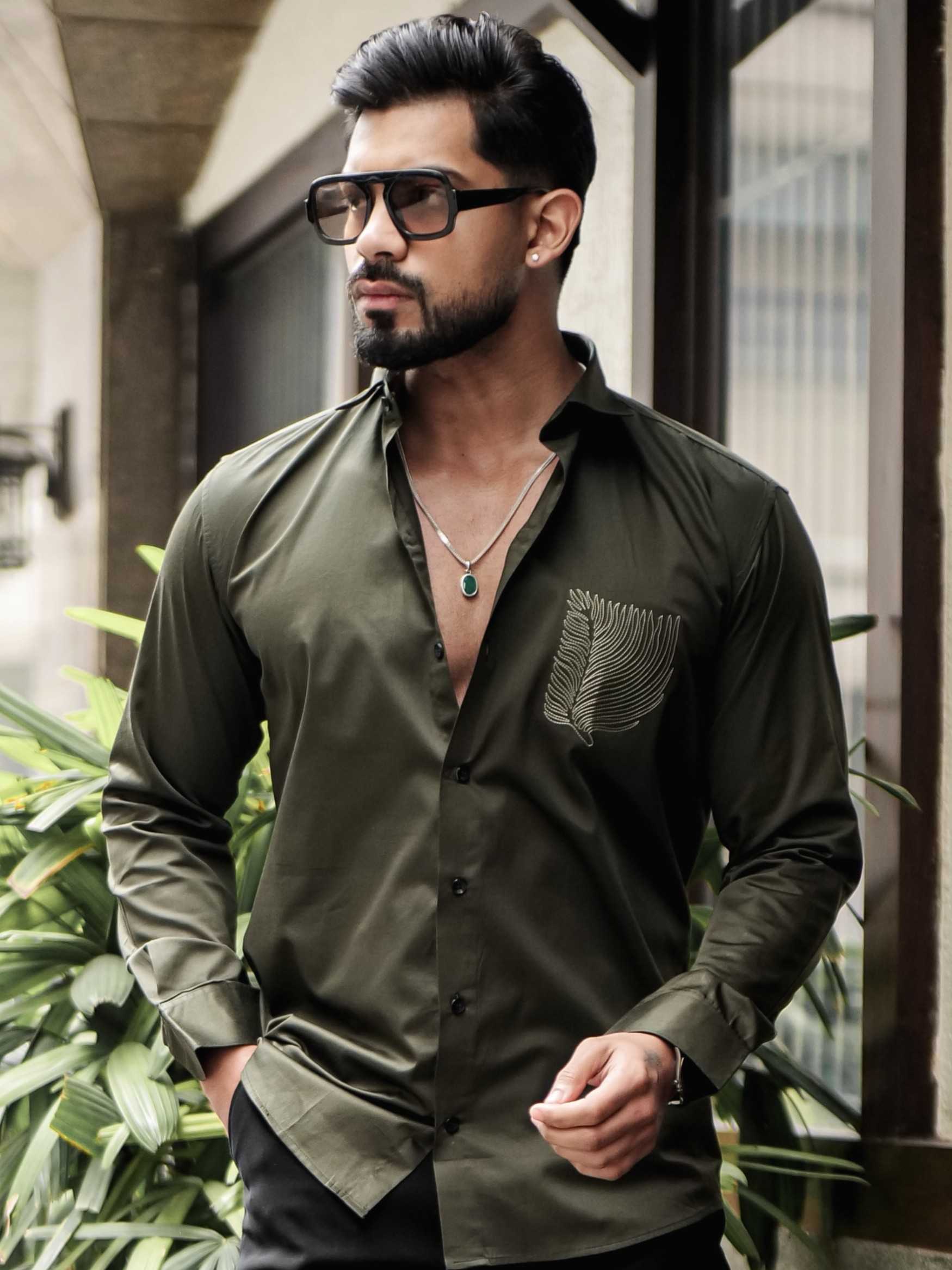 OLIVE EMBROIDERED DESIGNER SATIN COTTON SHIRT FOR MEN'S