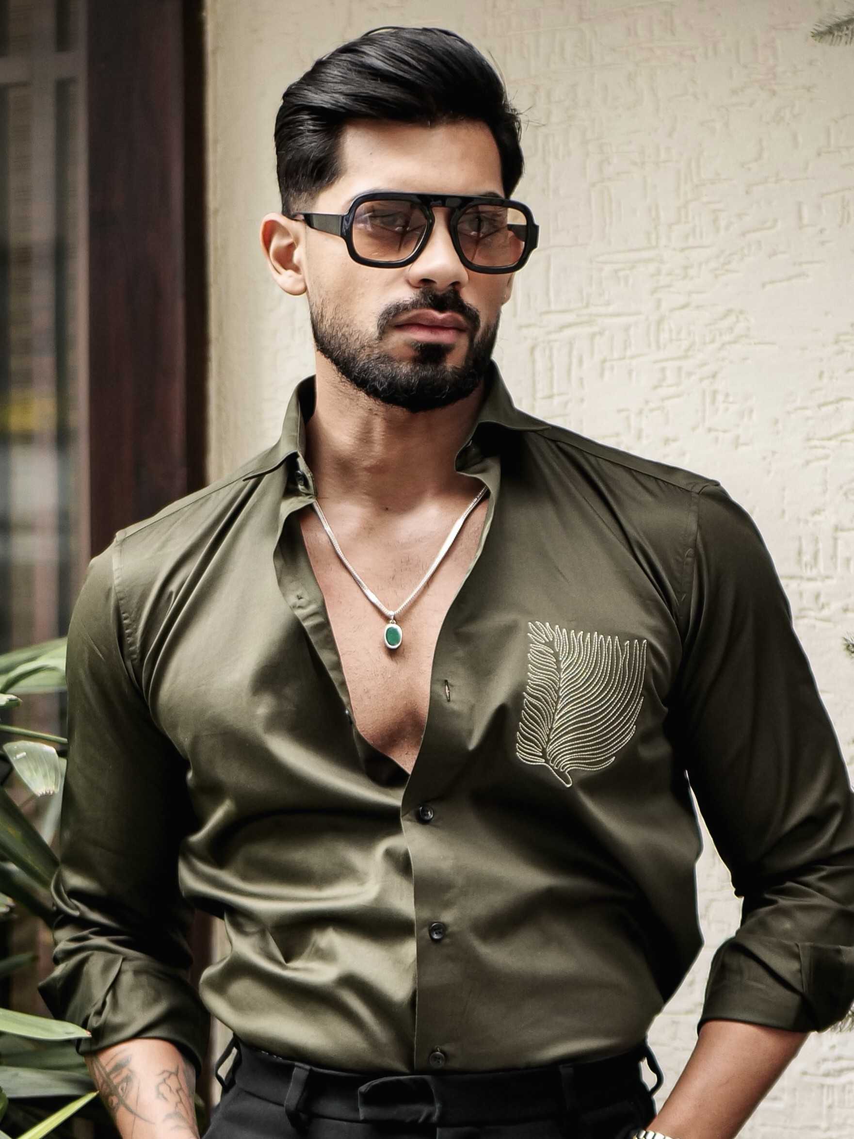 OLIVE EMBROIDERED DESIGNER SATIN COTTON SHIRT FOR MEN'S - Image 2