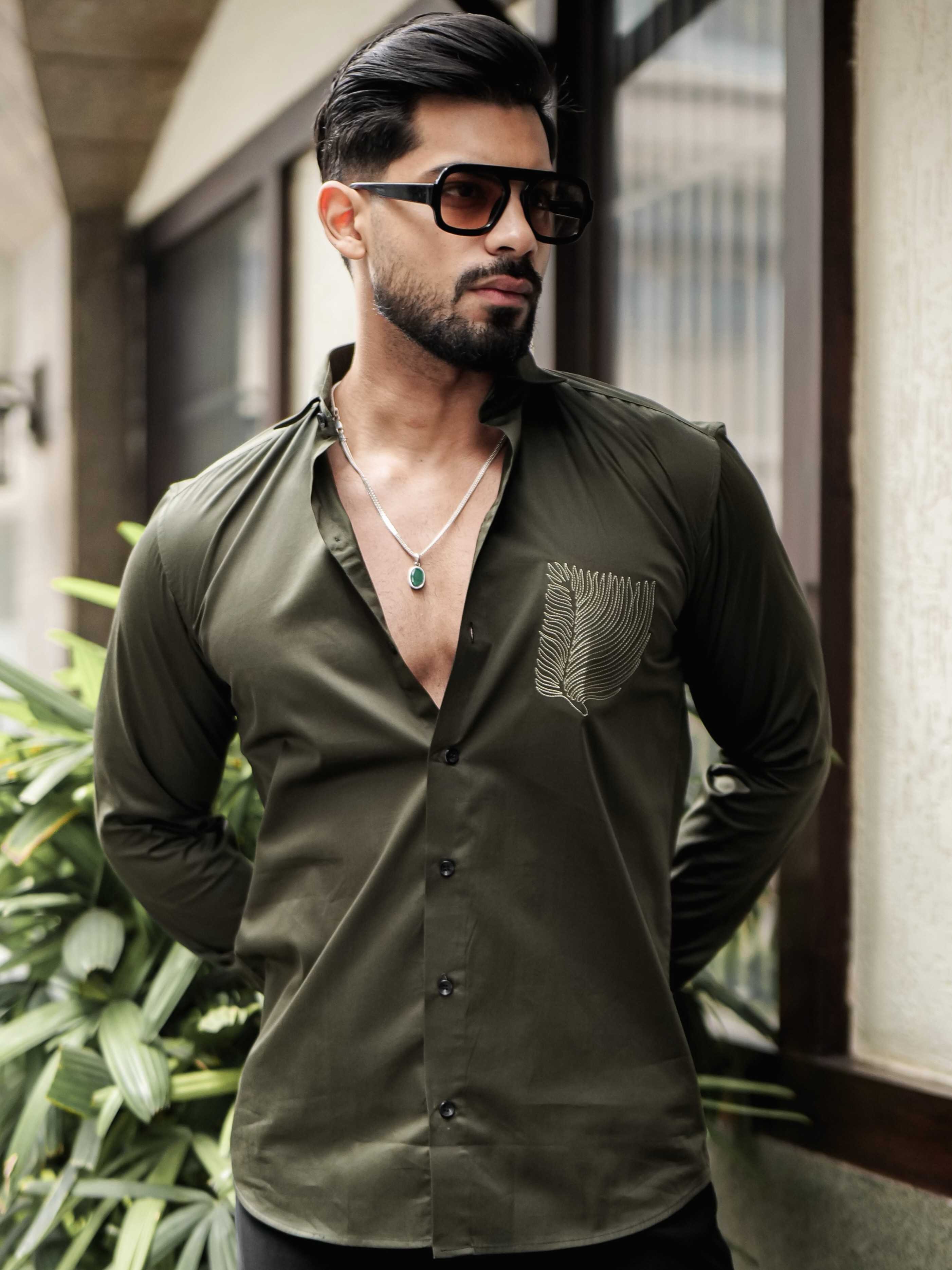 OLIVE EMBROIDERED DESIGNER SATIN COTTON SHIRT FOR MEN'S - Image 6