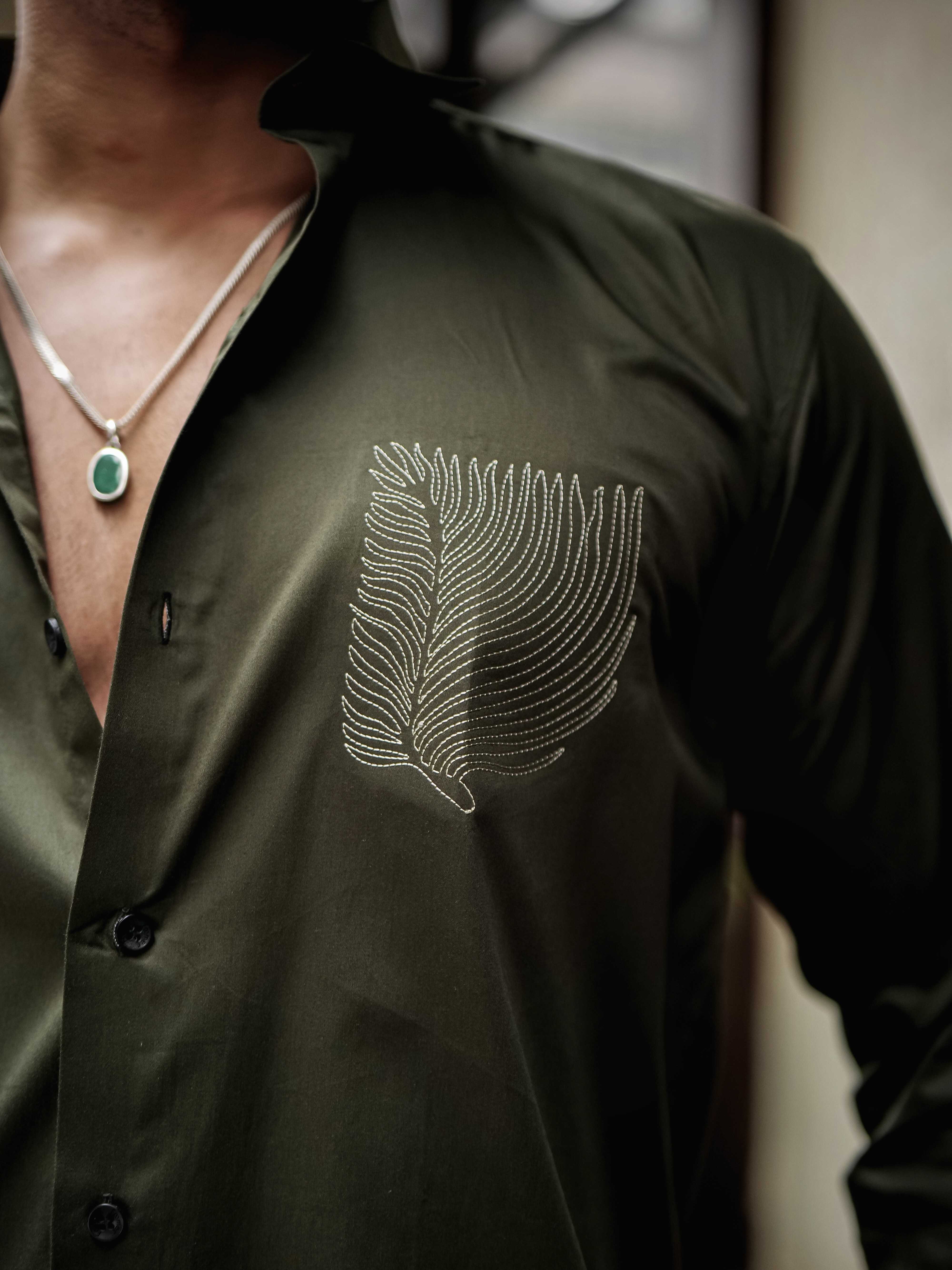 OLIVE EMBROIDERED DESIGNER SATIN COTTON SHIRT FOR MEN'S - Image 8