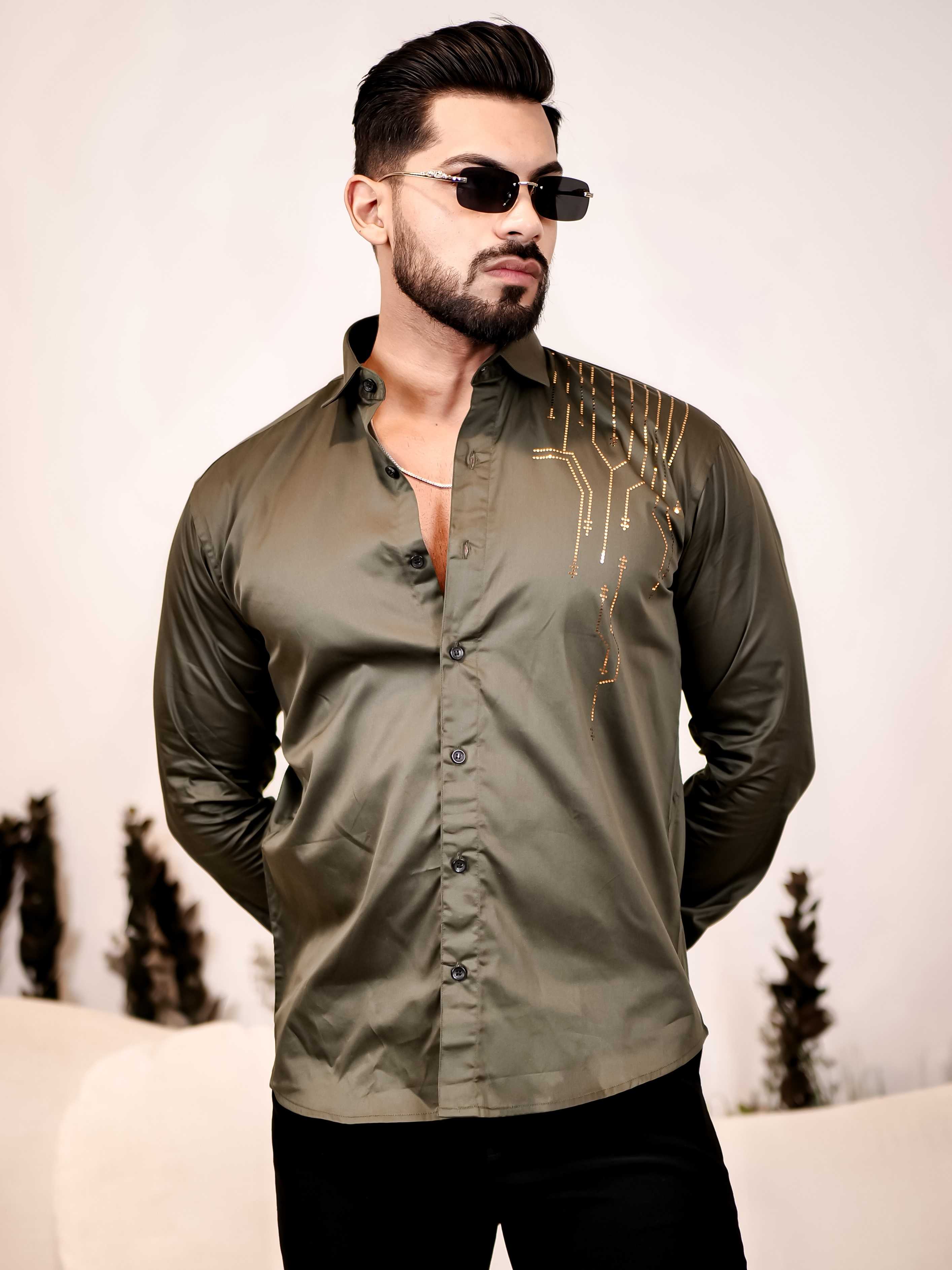 Olive Green Sequence Club Wear Satin Cotton Party Shirt - Image 4