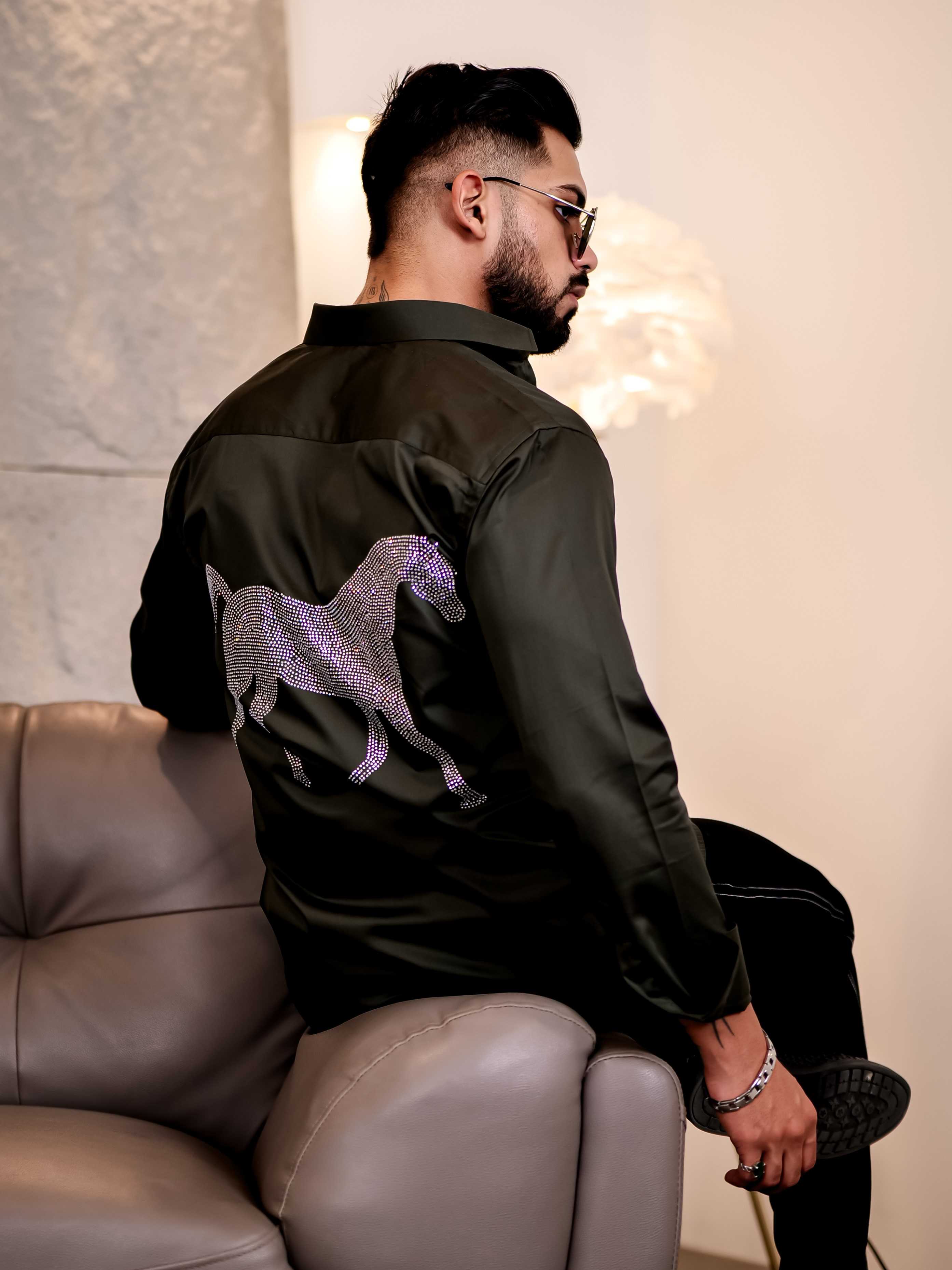 Olive Green Starry Beaded Satin Cotton Premium Party Shirt - Image 4