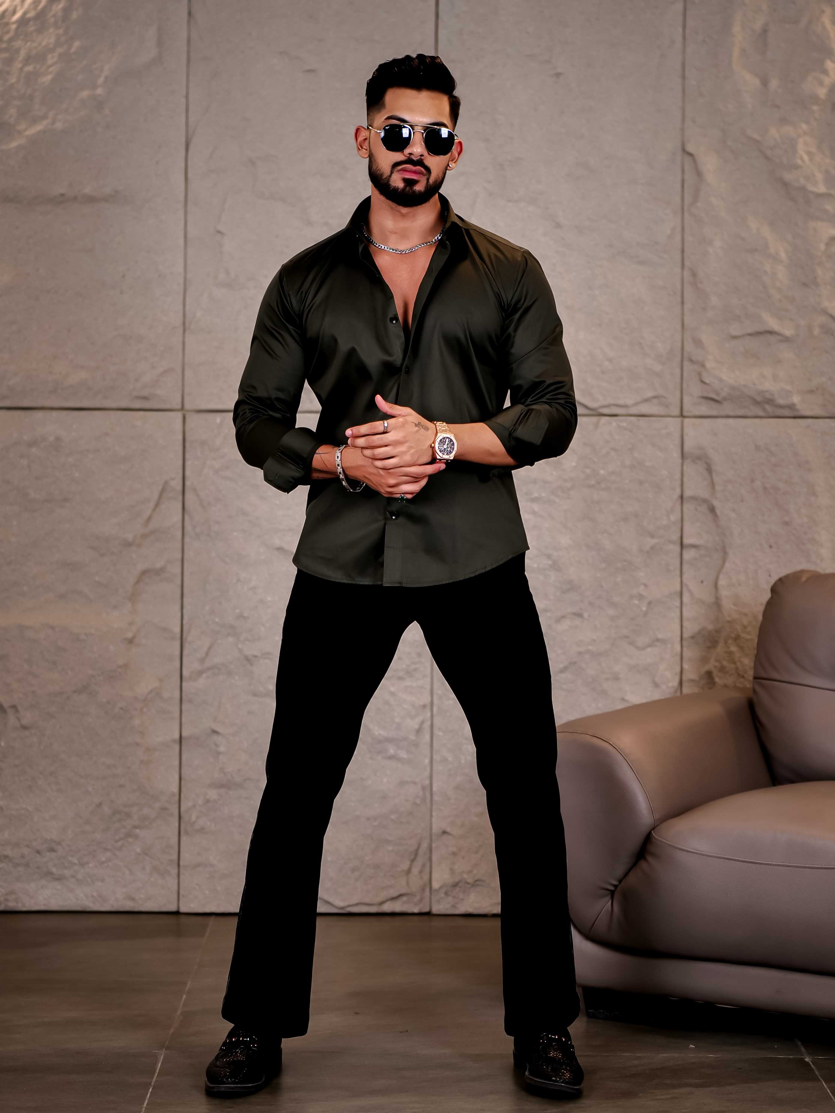 Olive Green Starry Beaded Satin Cotton Premium Party Shirt - Image 8