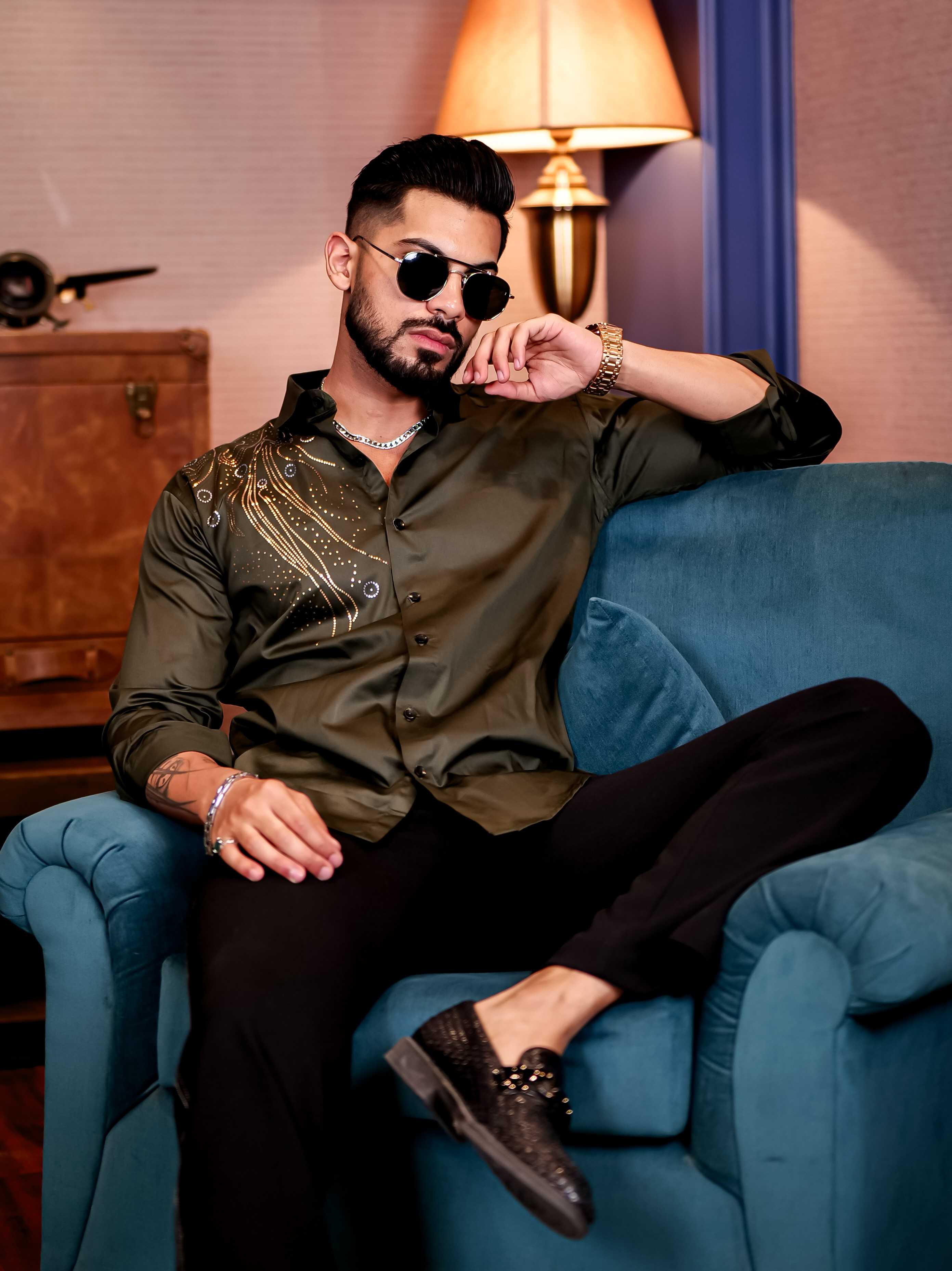 Olive Sequence Club Wear Satin Cotton Party Shirt - Image 6
