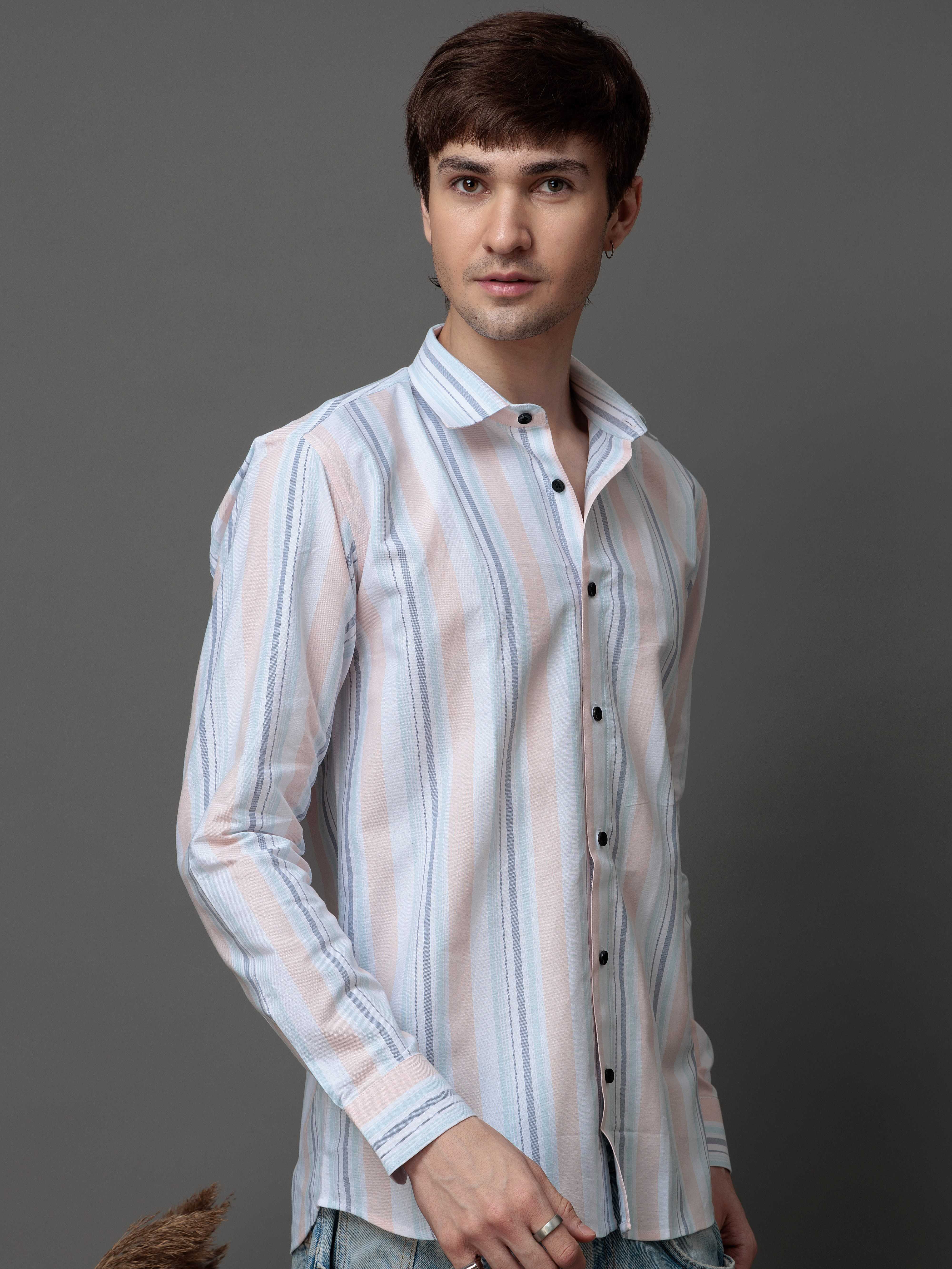PEACH MULTI STRIPES COTTON REGULAR FIT MEN'S CASUAL SHIRT FOR MEN'S - Image 2