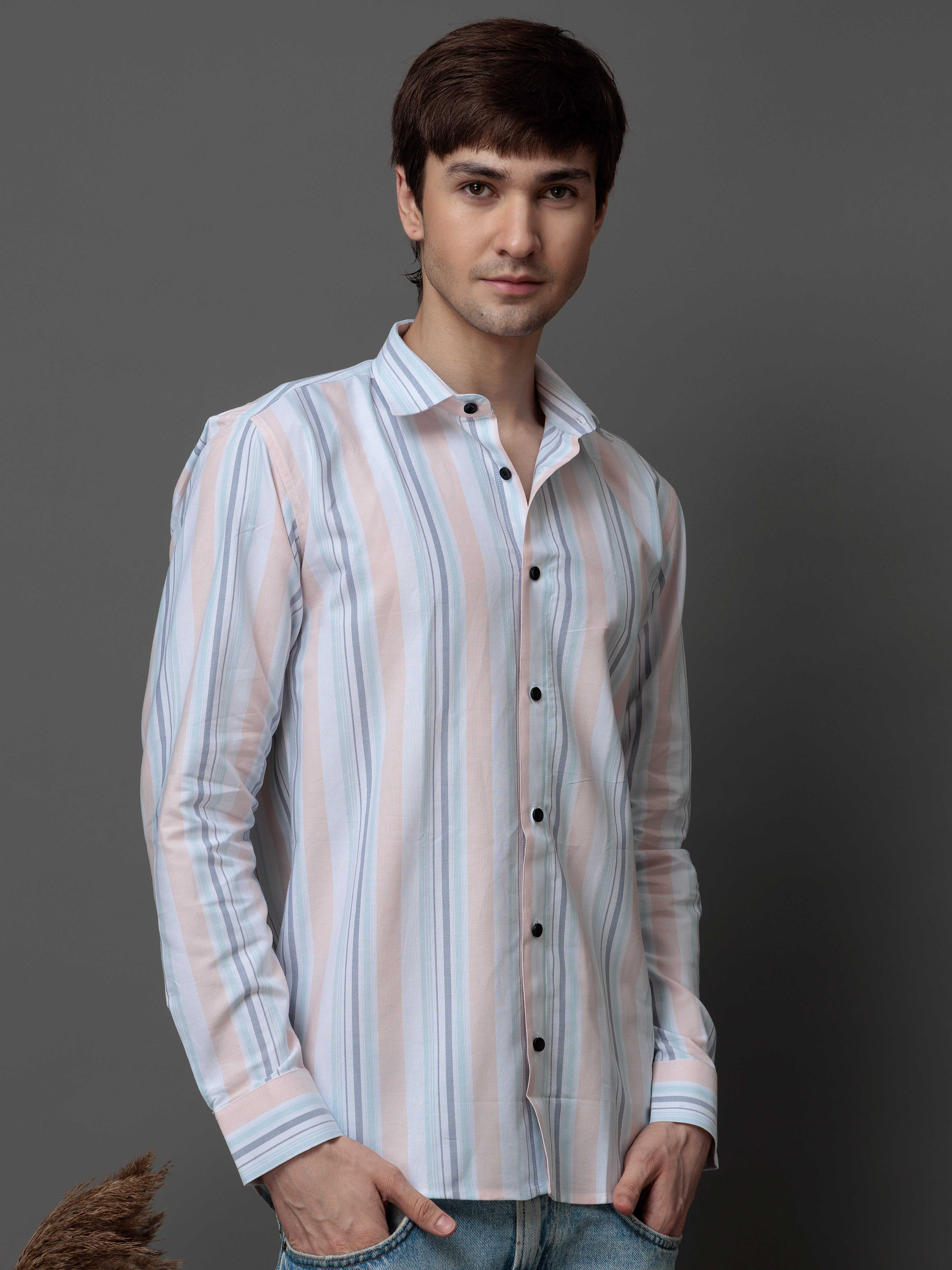 PEACH MULTI STRIPES COTTON REGULAR FIT MEN'S CASUAL SHIRT FOR MEN'S - Image 3