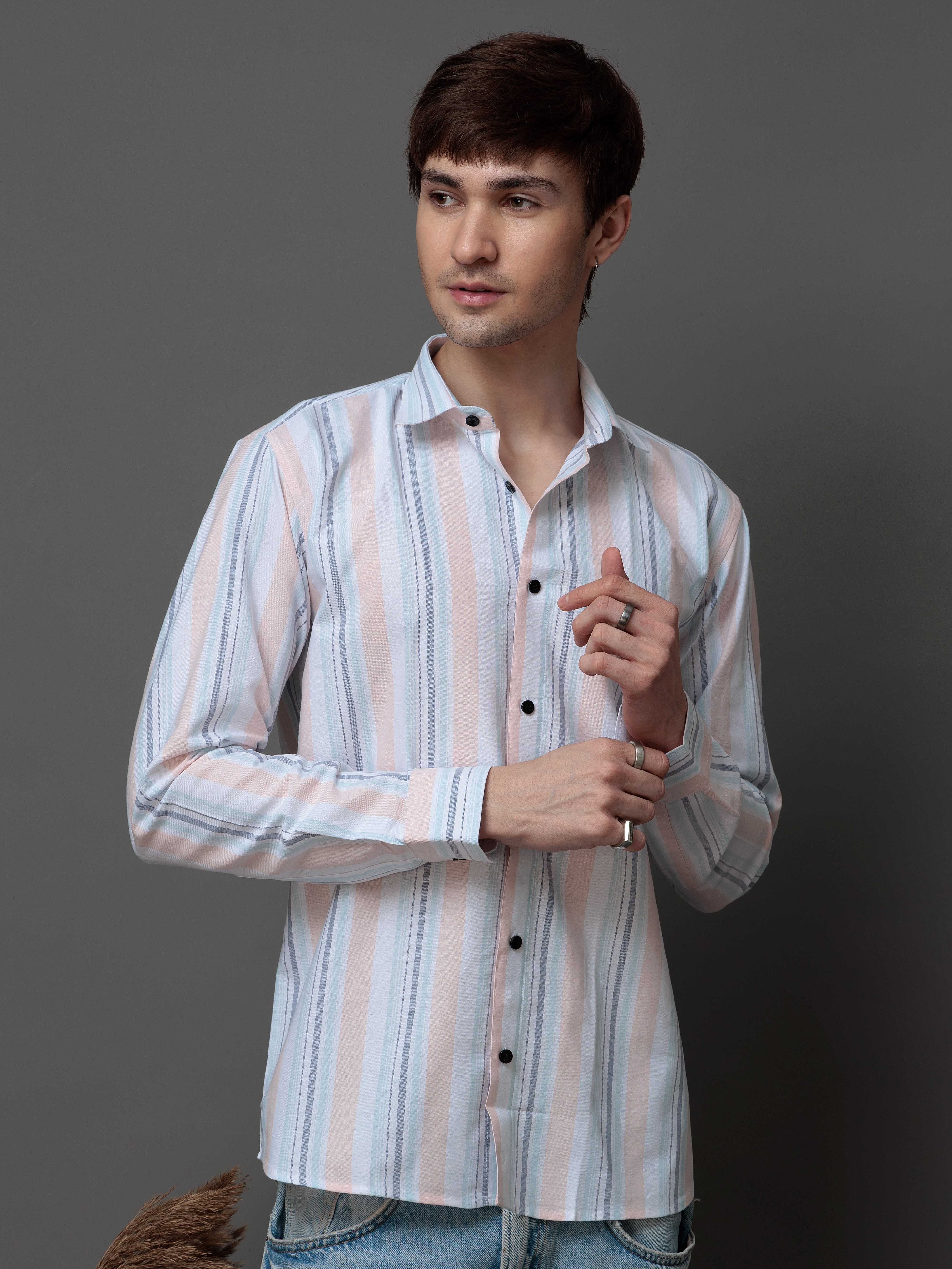 PEACH MULTI STRIPES COTTON REGULAR FIT MEN'S CASUAL SHIRT FOR MEN'S - Image 5