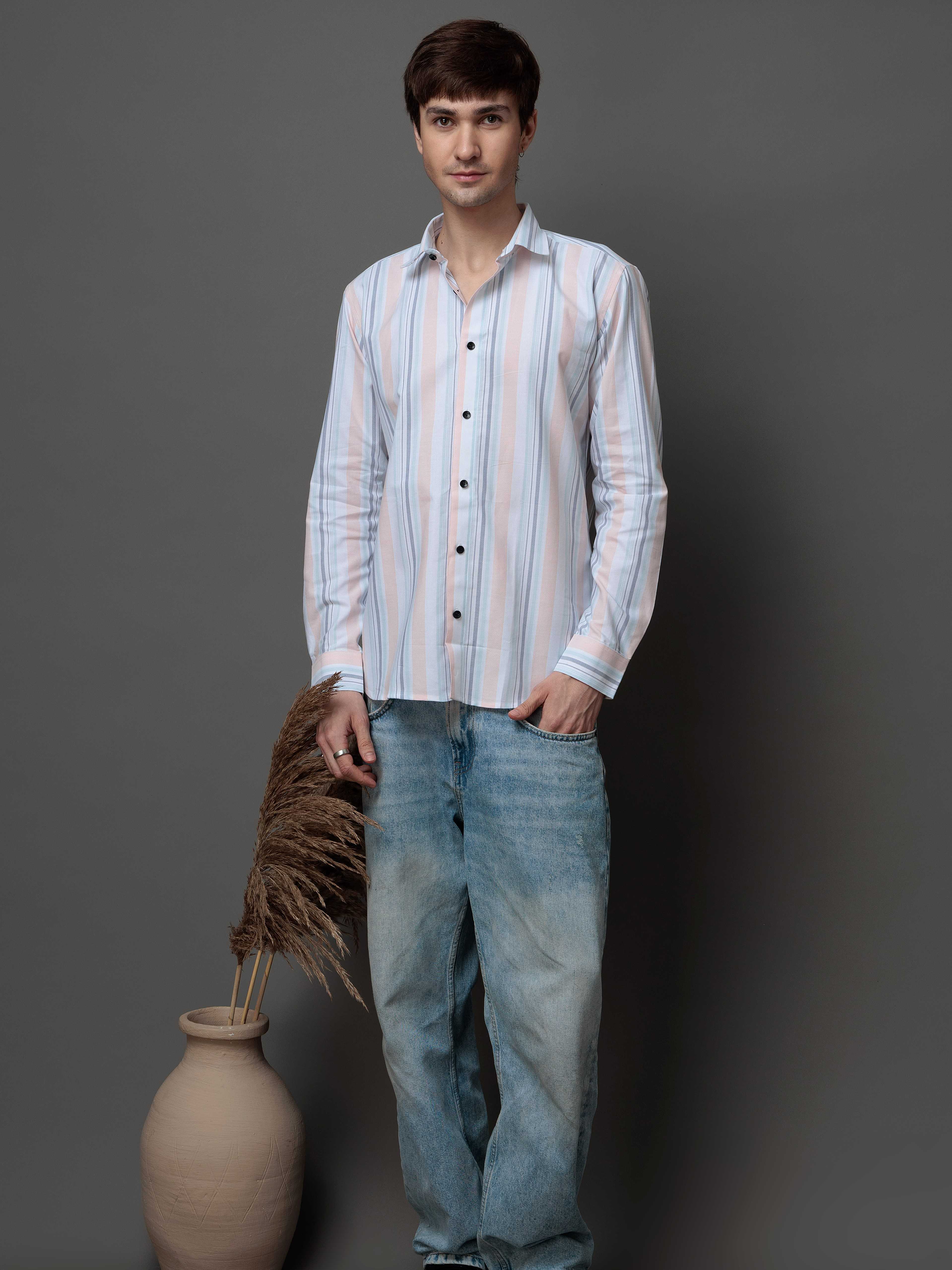 PEACH MULTI STRIPES COTTON REGULAR FIT MEN'S CASUAL SHIRT FOR MEN'S - Image 6