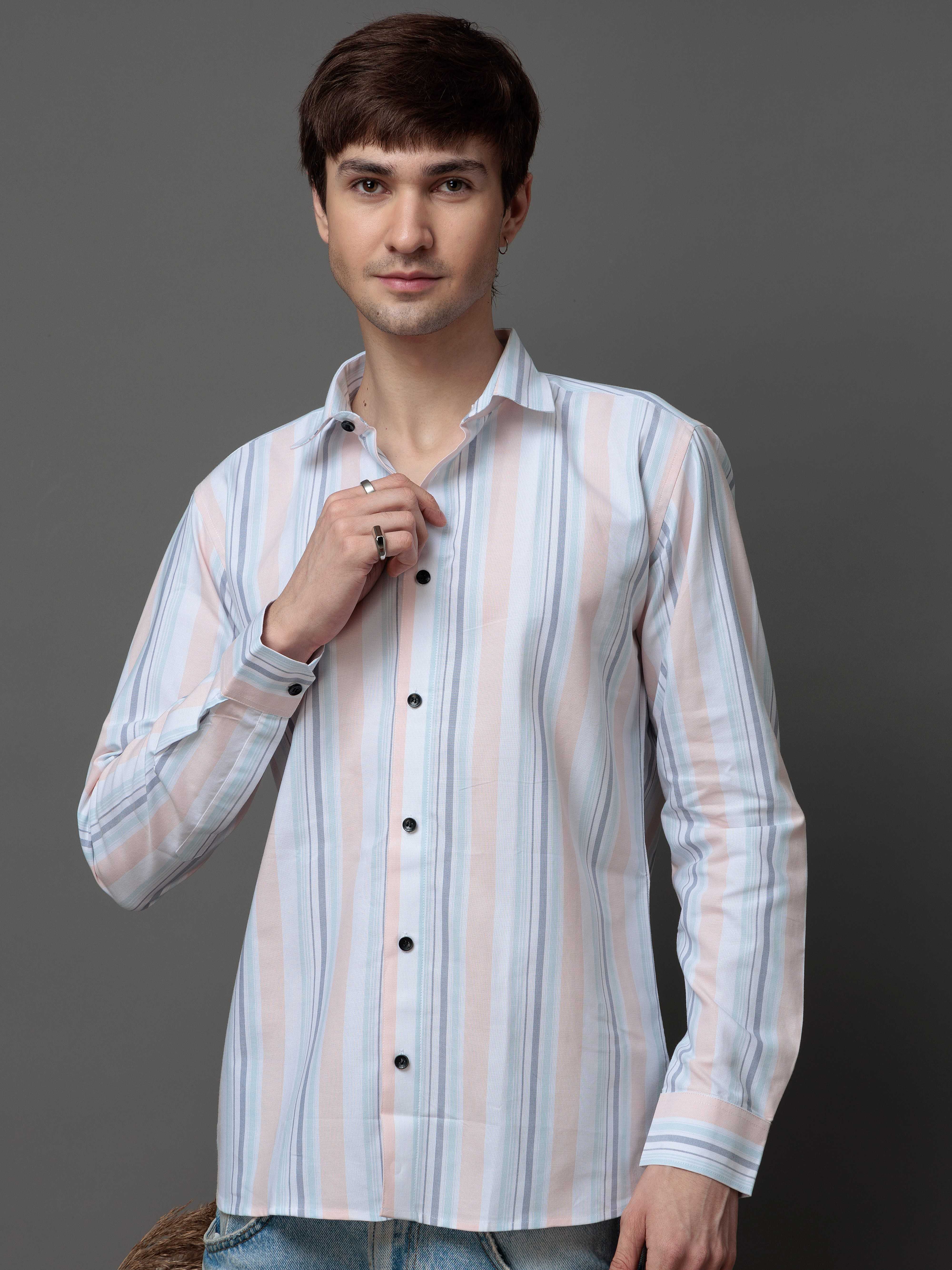 PEACH MULTI STRIPES COTTON REGULAR FIT MEN'S CASUAL SHIRT FOR MEN'S - Image 8
