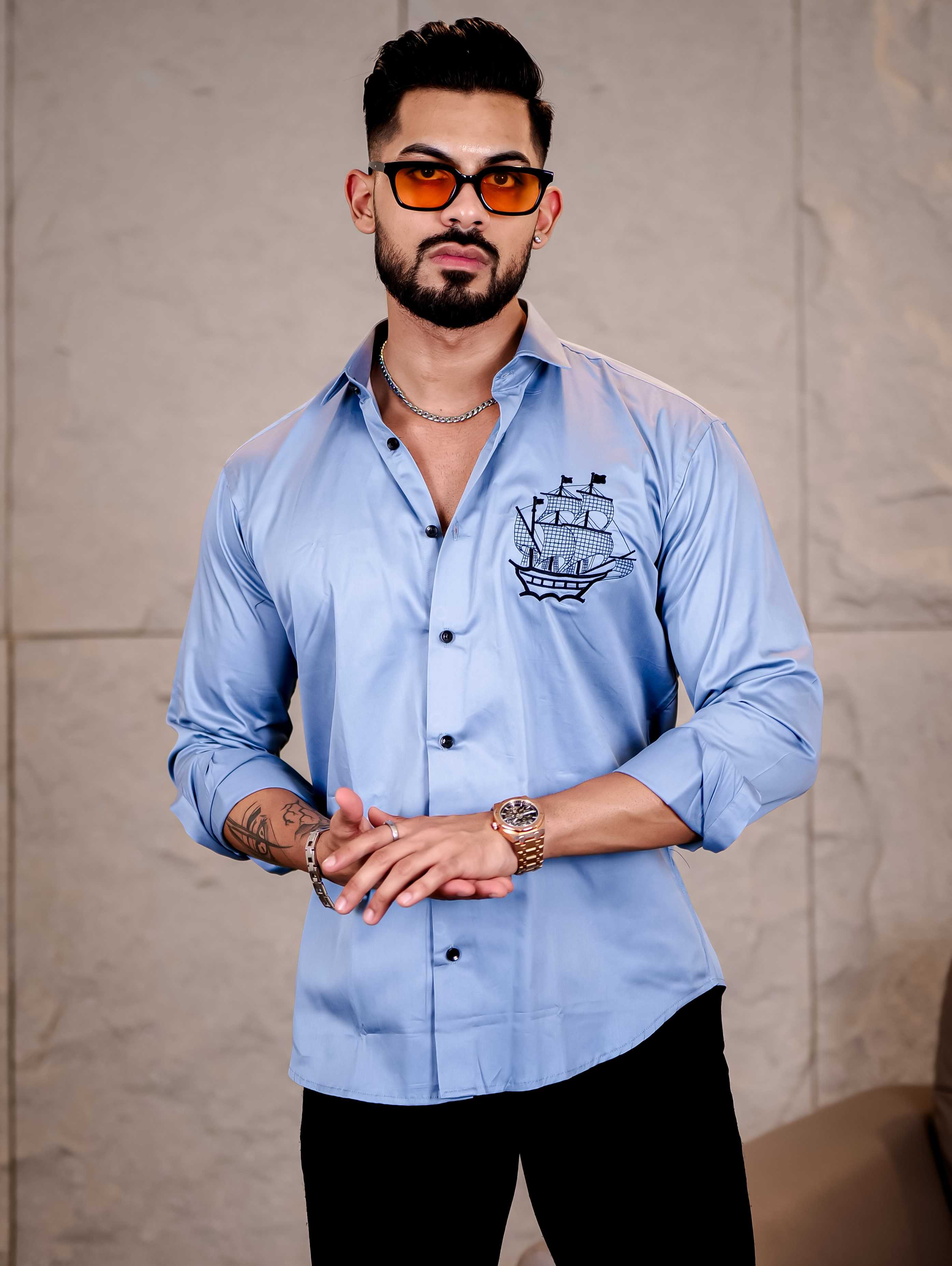 Pirates Piracy Sky Embroidered Club Wear Satin Cotton Shirt - Image 3