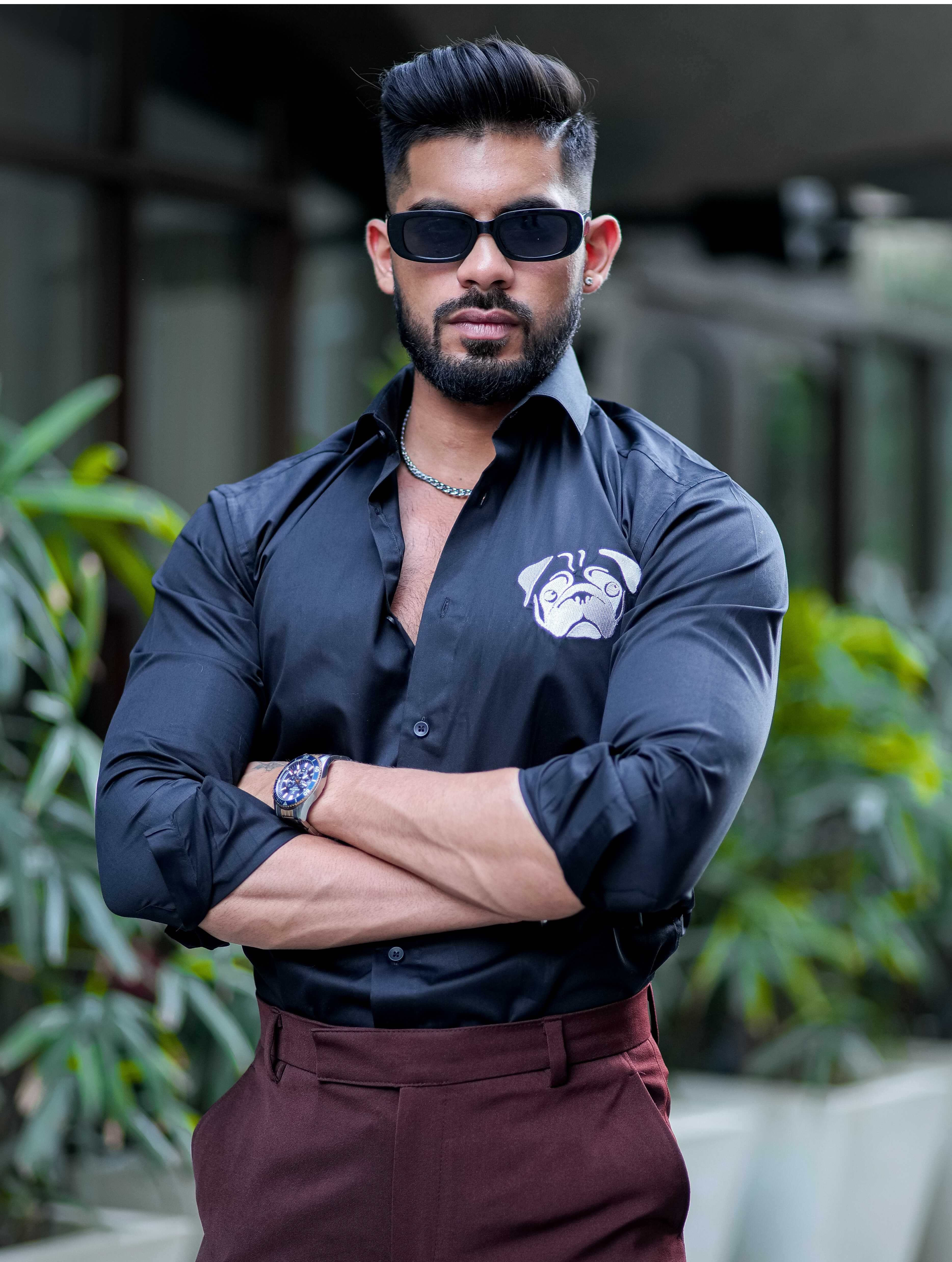 Puppy Embroidered Black Cotton Premium Shirt - Image 6