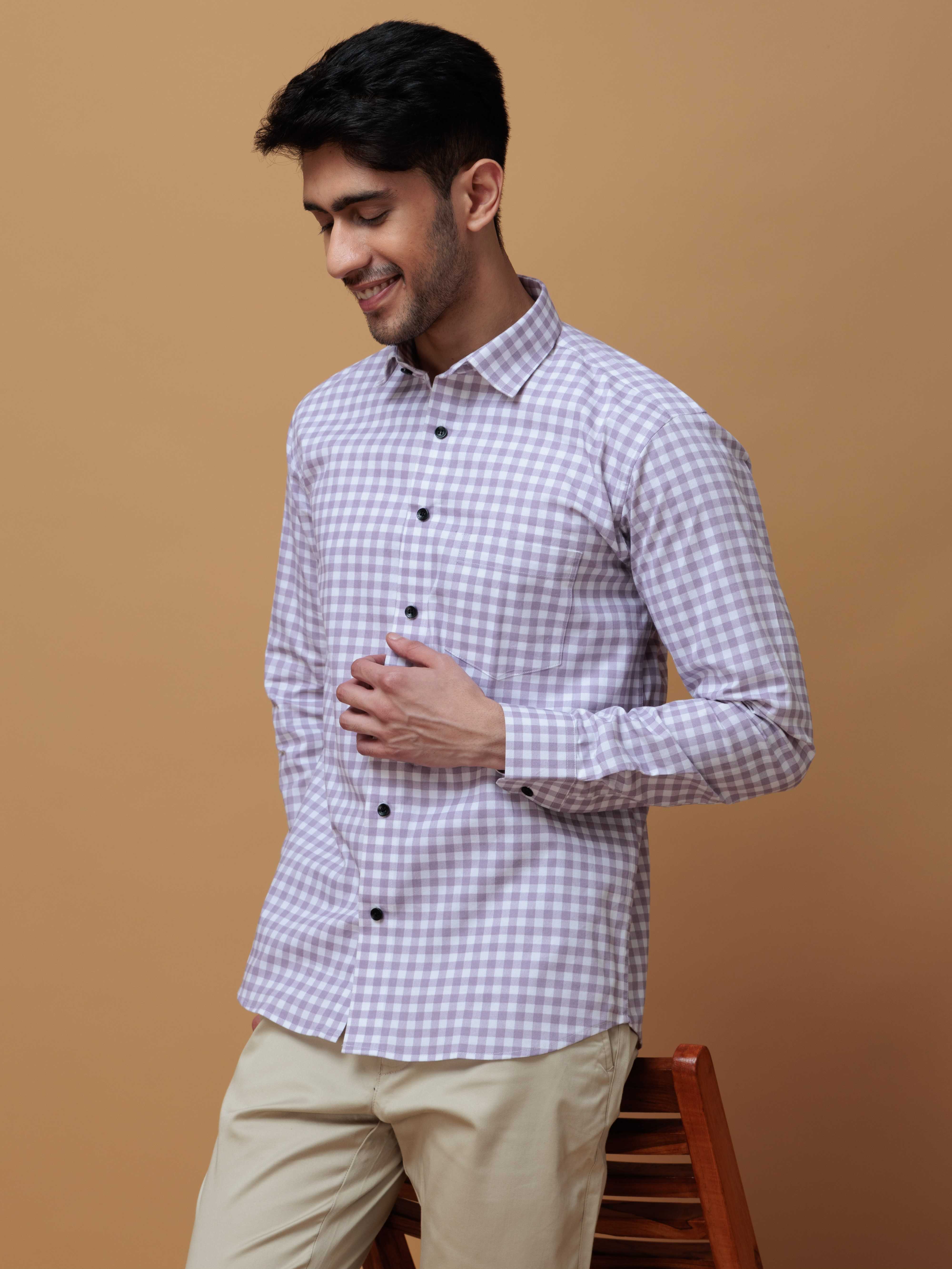 PURPLE CHECKERED PRINTED COTTON CASUAL SHIRT FOR MEN'S - Image 4