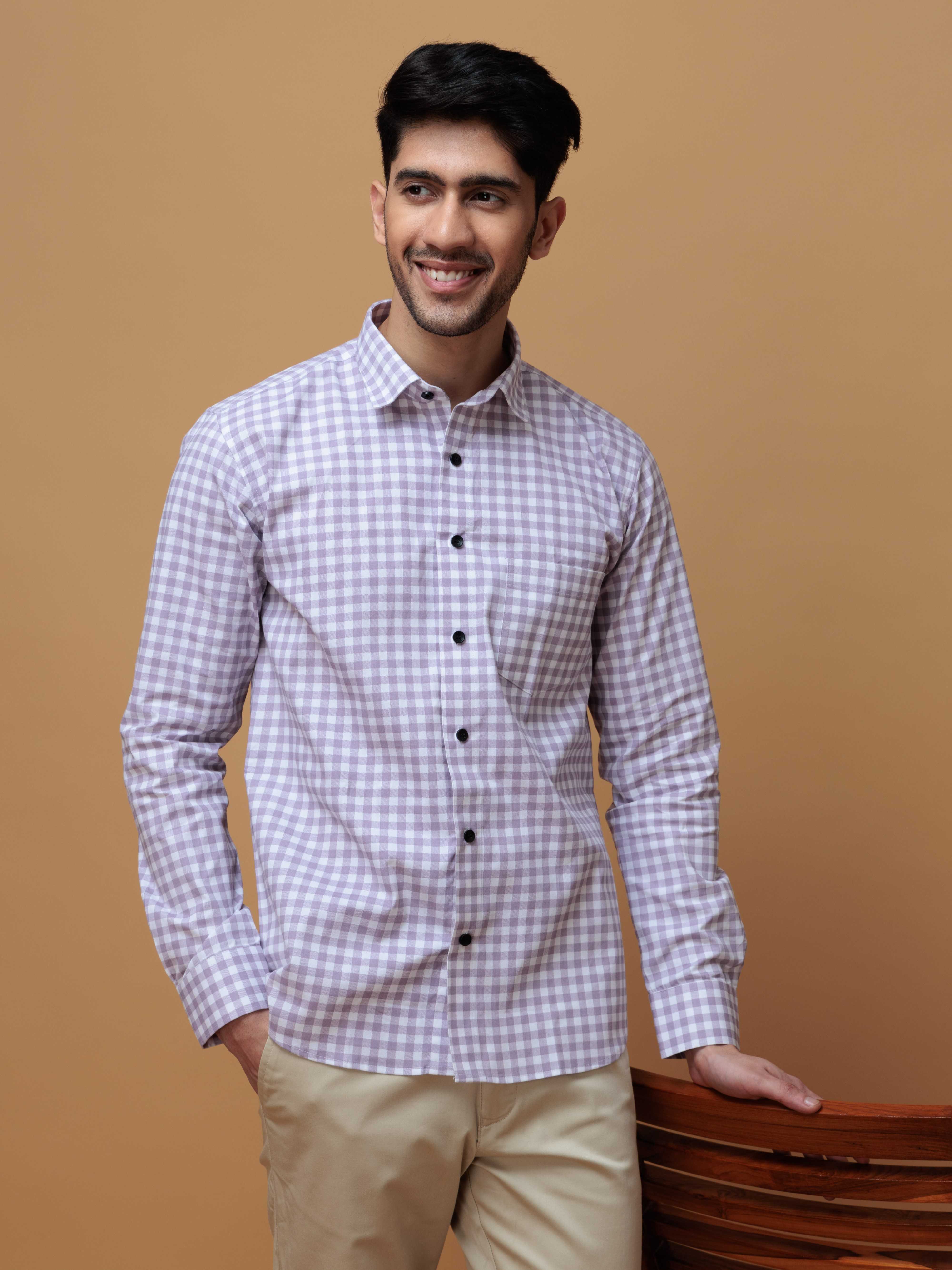 PURPLE CHECKERED PRINTED COTTON CASUAL SHIRT FOR MEN'S - Image 7