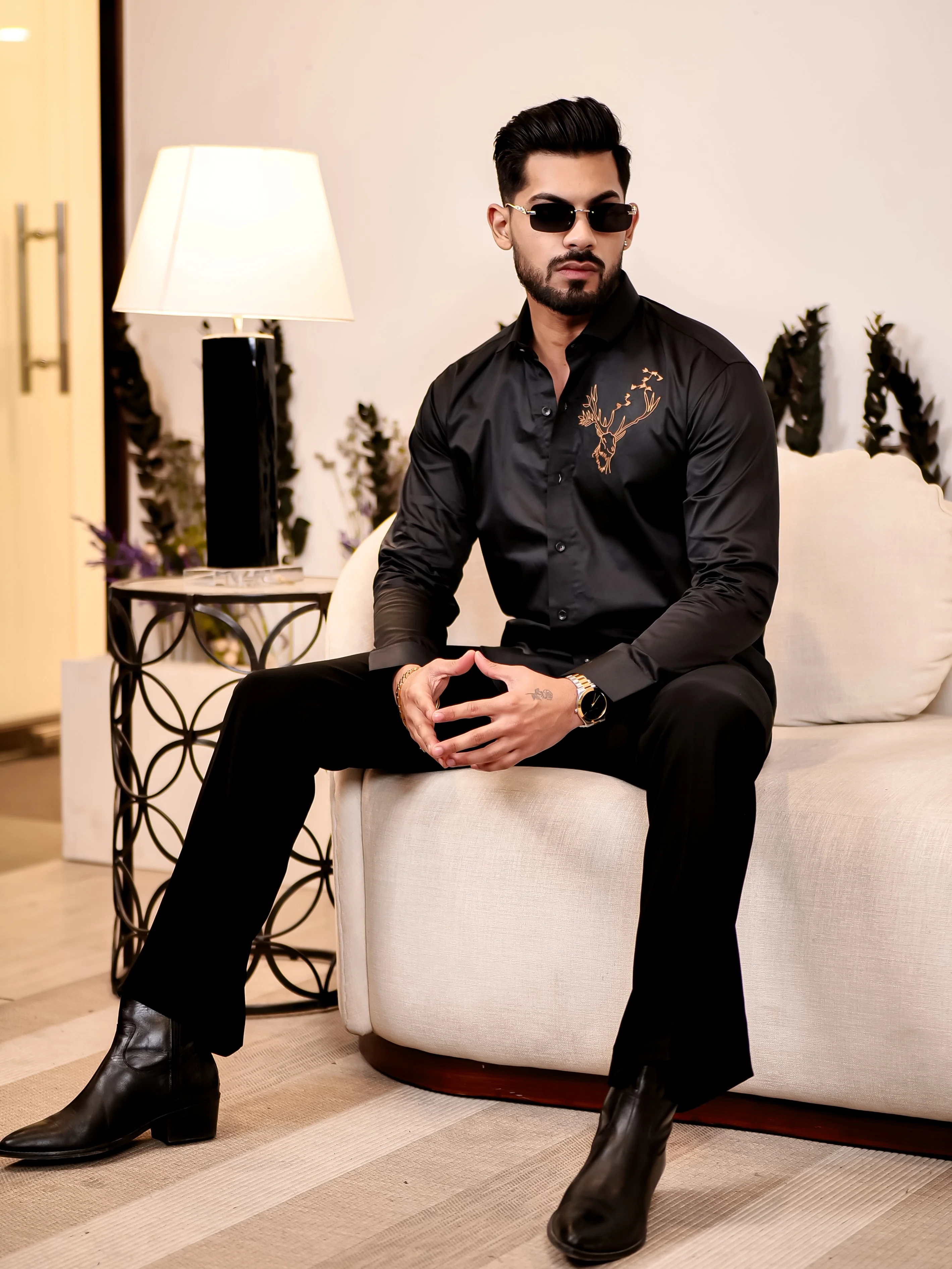 Reindeer Embroidered Black Luxury Cotton Shirt - Image 3