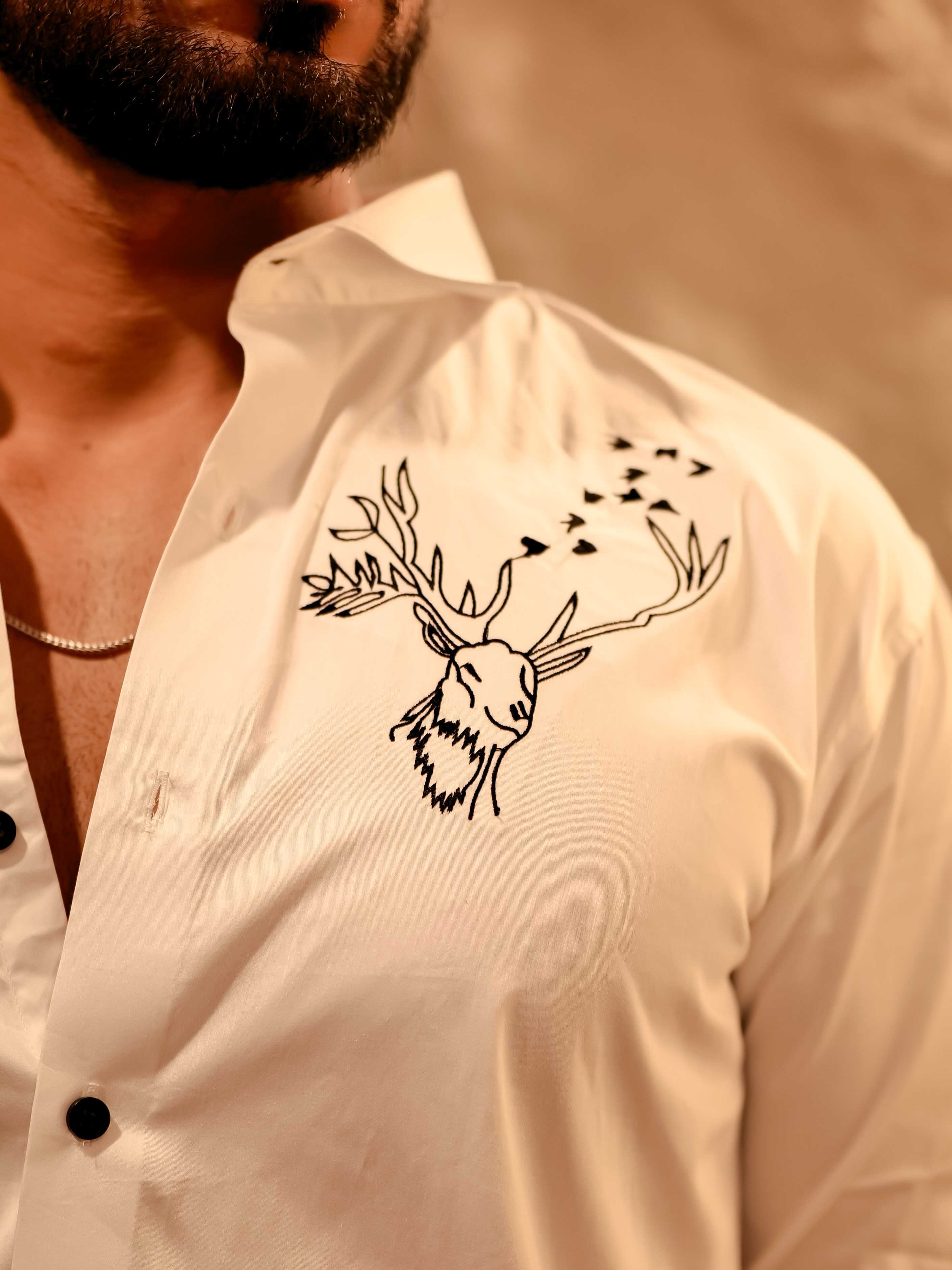 Reindeer Embroidered White Luxury Cotton Shirt - Image 2