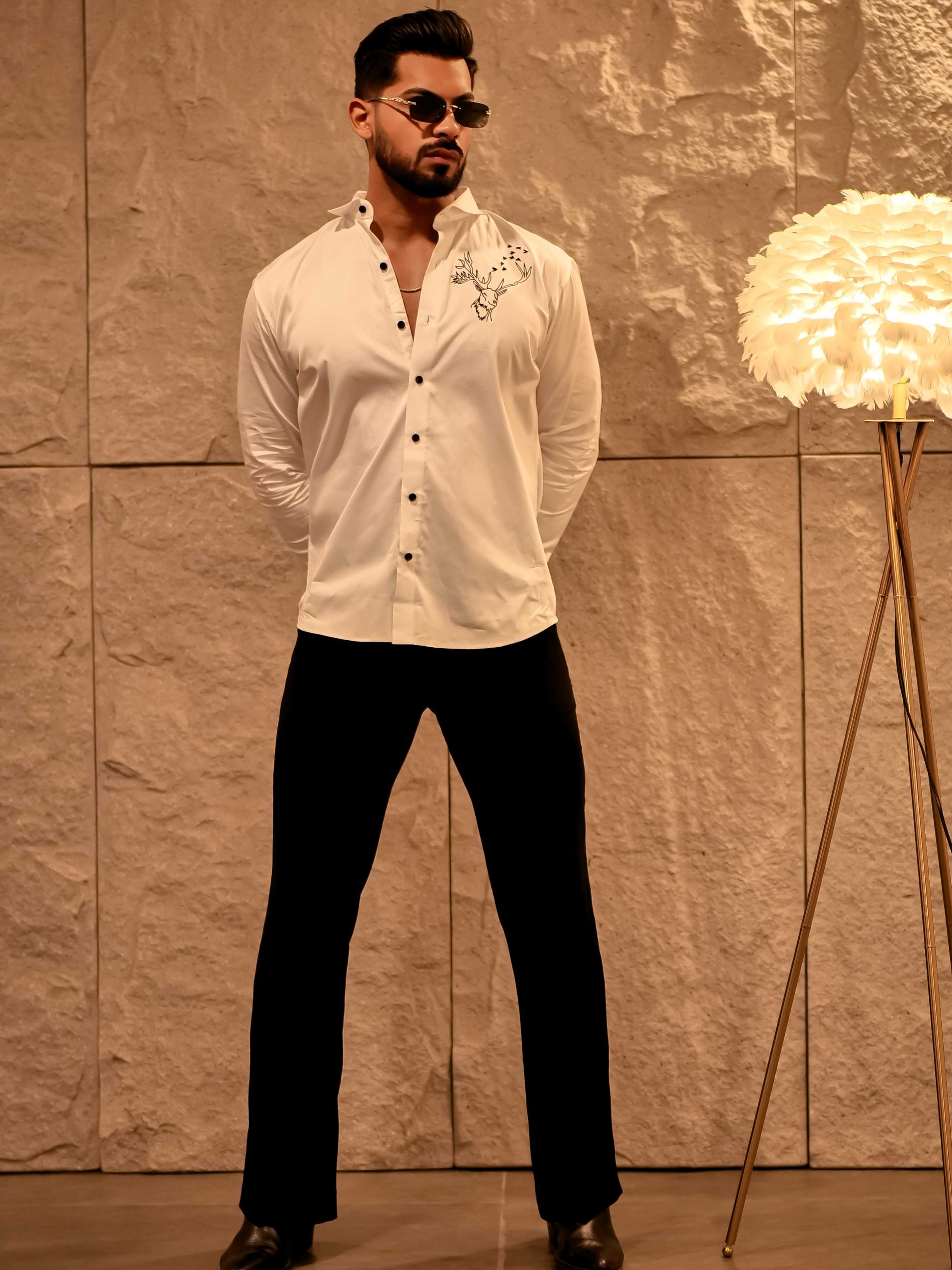 Reindeer Embroidered White Luxury Cotton Shirt - Image 6