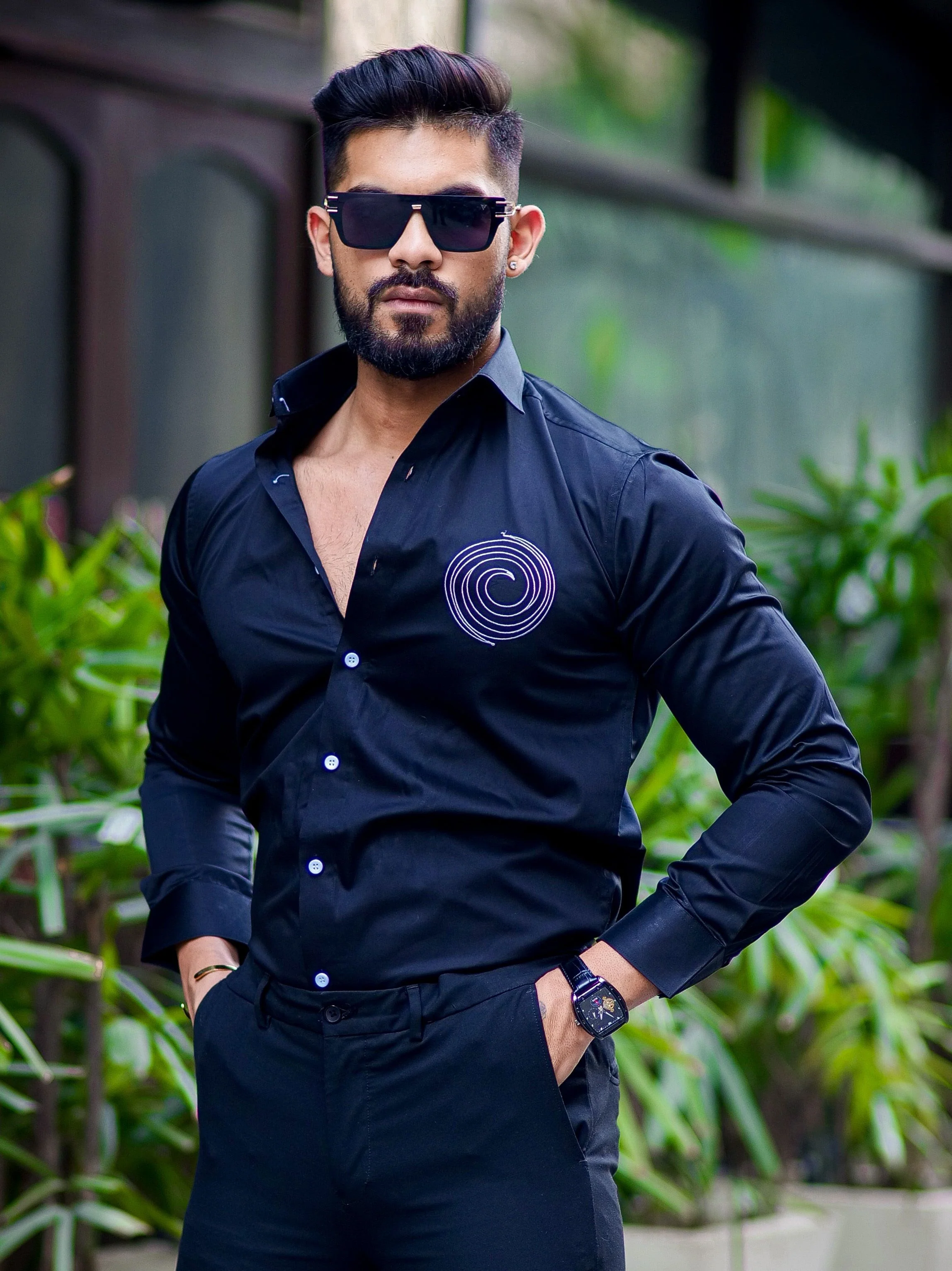 Round Embroidered Black Grey Premium Shirt For Men's - Image 3