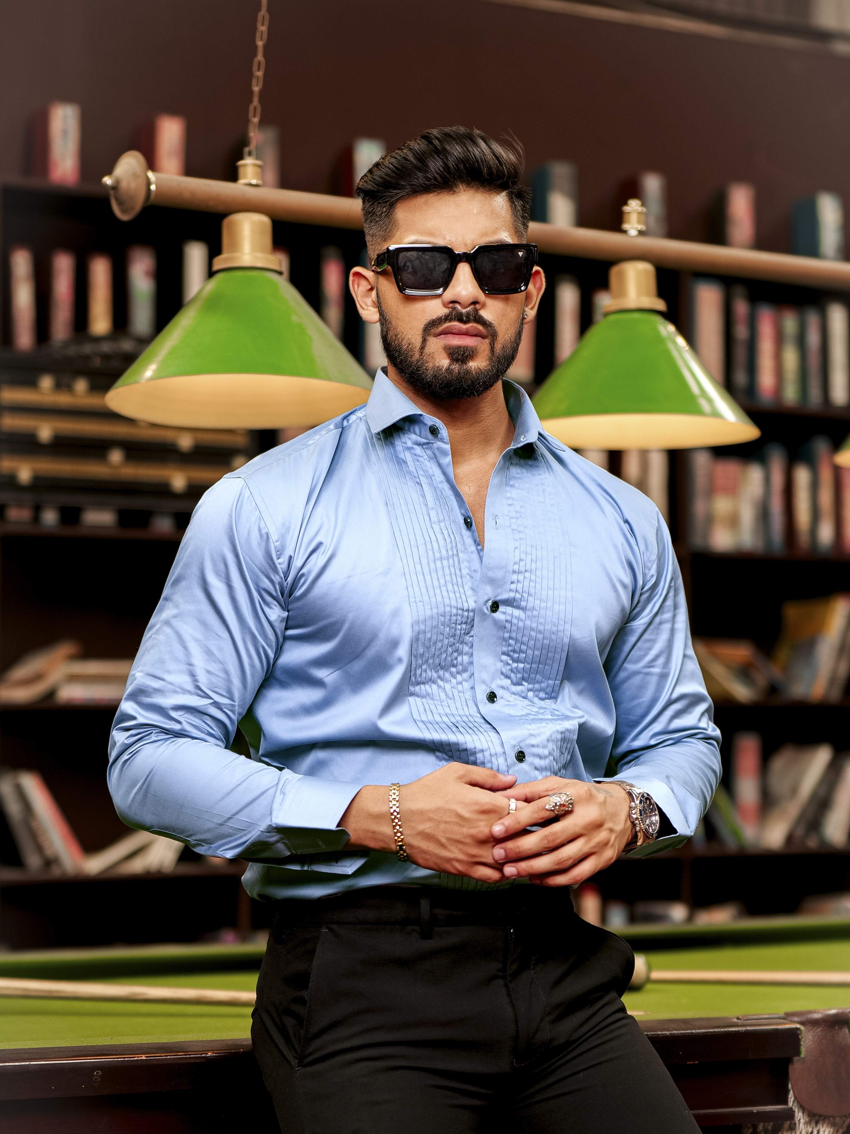 Sky Subtle Sheen Tuxedo Premium Giza Satin Cotton Shirt - Image 3