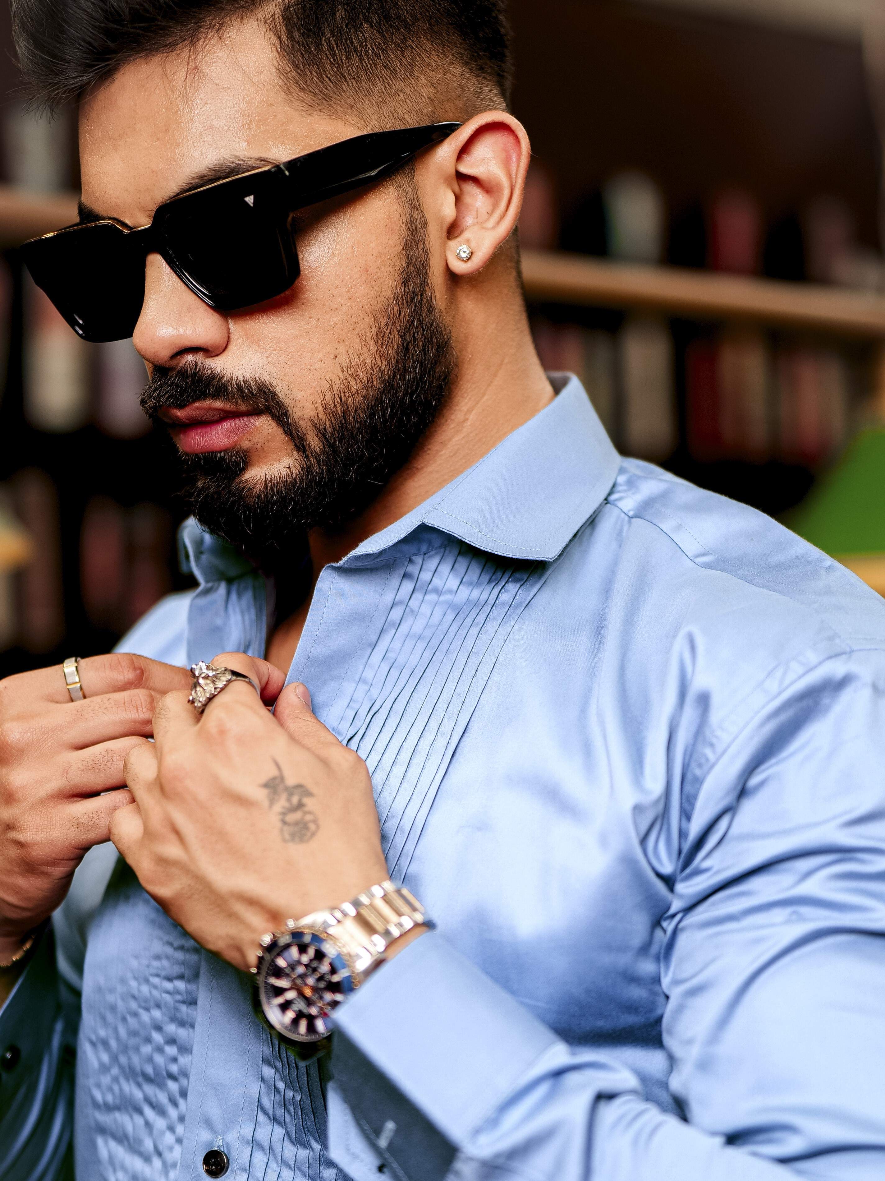 Sky Subtle Sheen Tuxedo Premium Giza Satin Cotton Shirt - Image 4