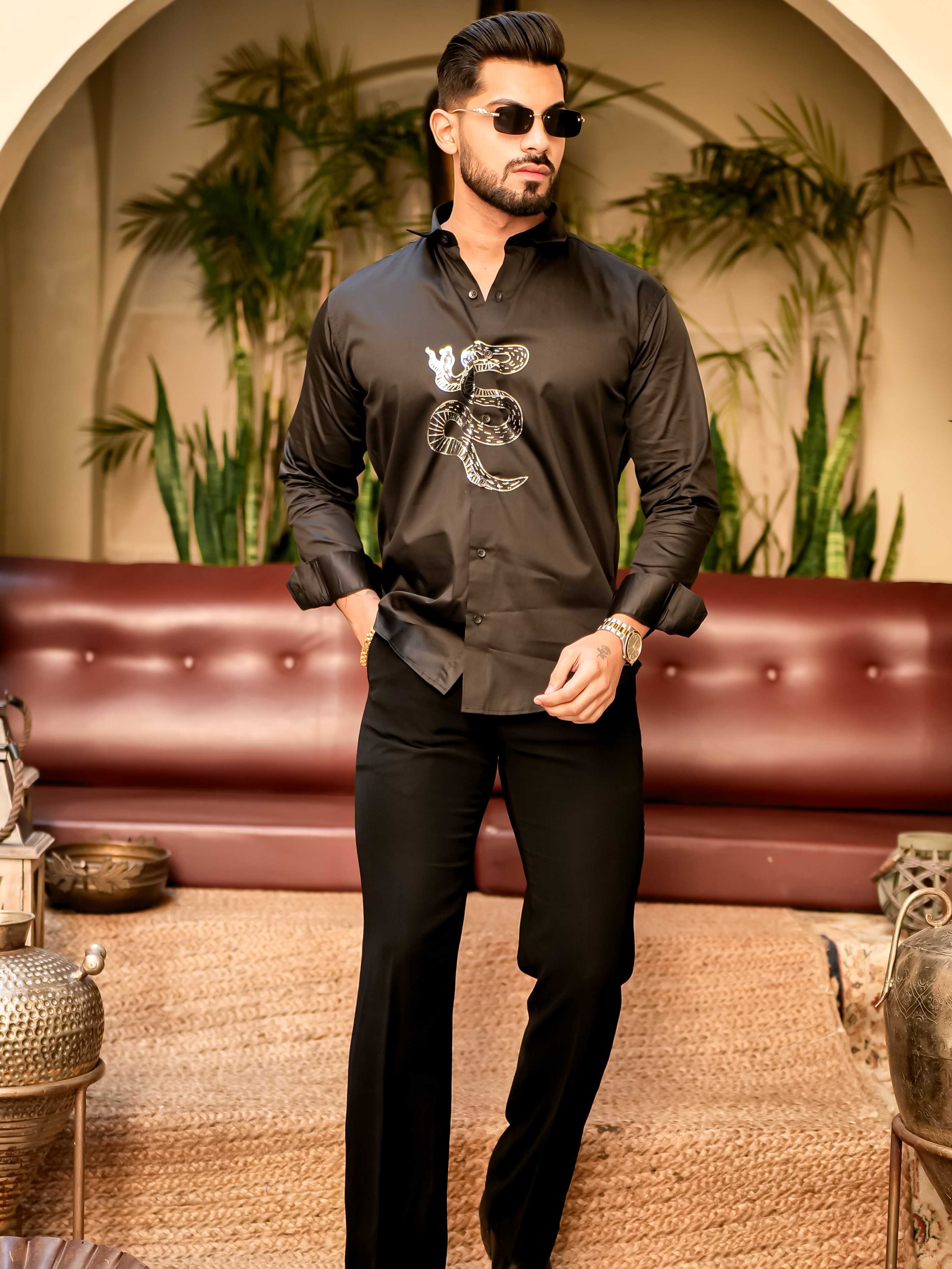 Snake Black Sequence Club Wear Satin Cotton Party Shirt - Image 6