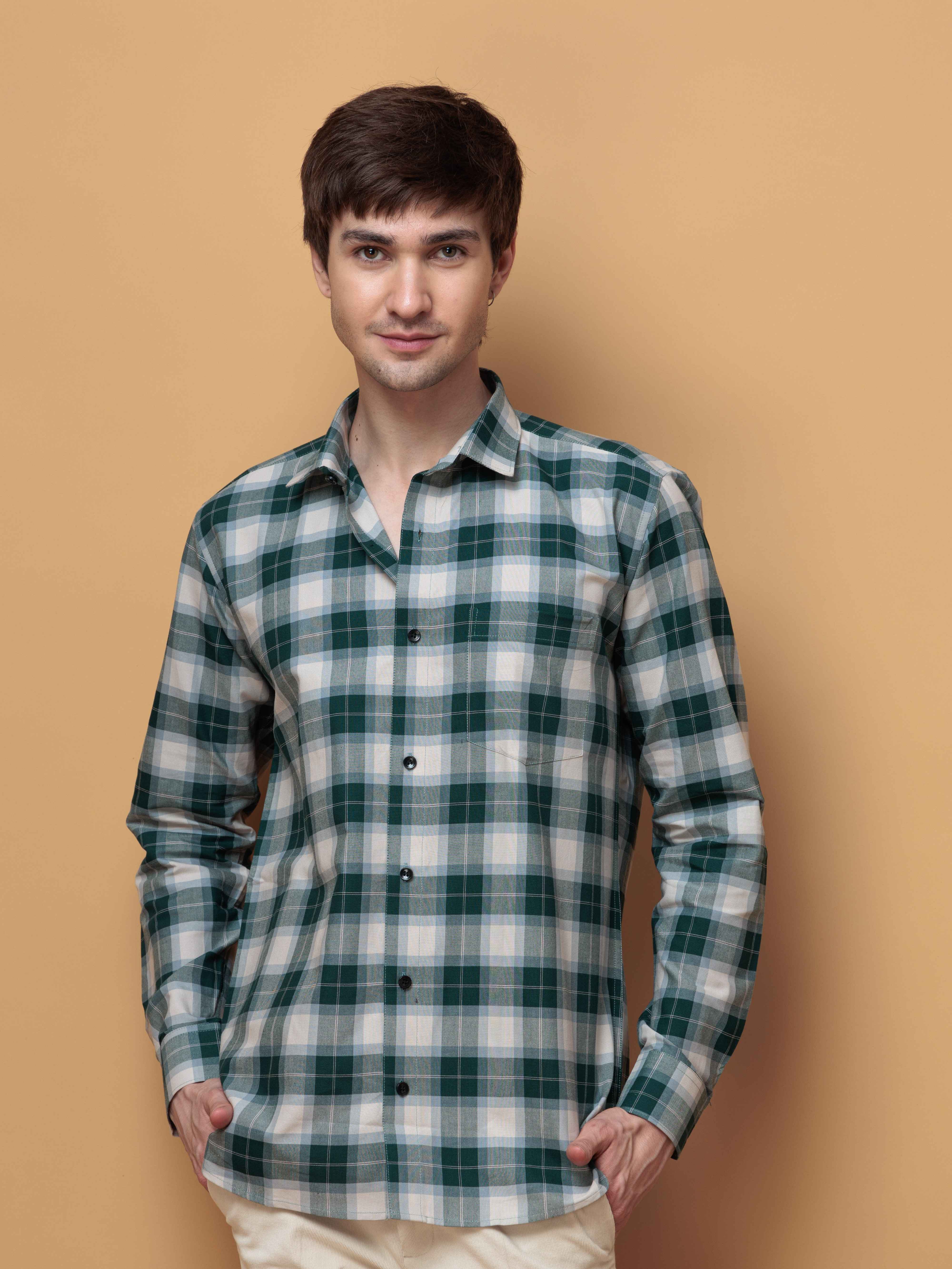 SQUARE GREEN CHECKED COTTON CASUAL SHIRT FOR MEN'S - Image 6