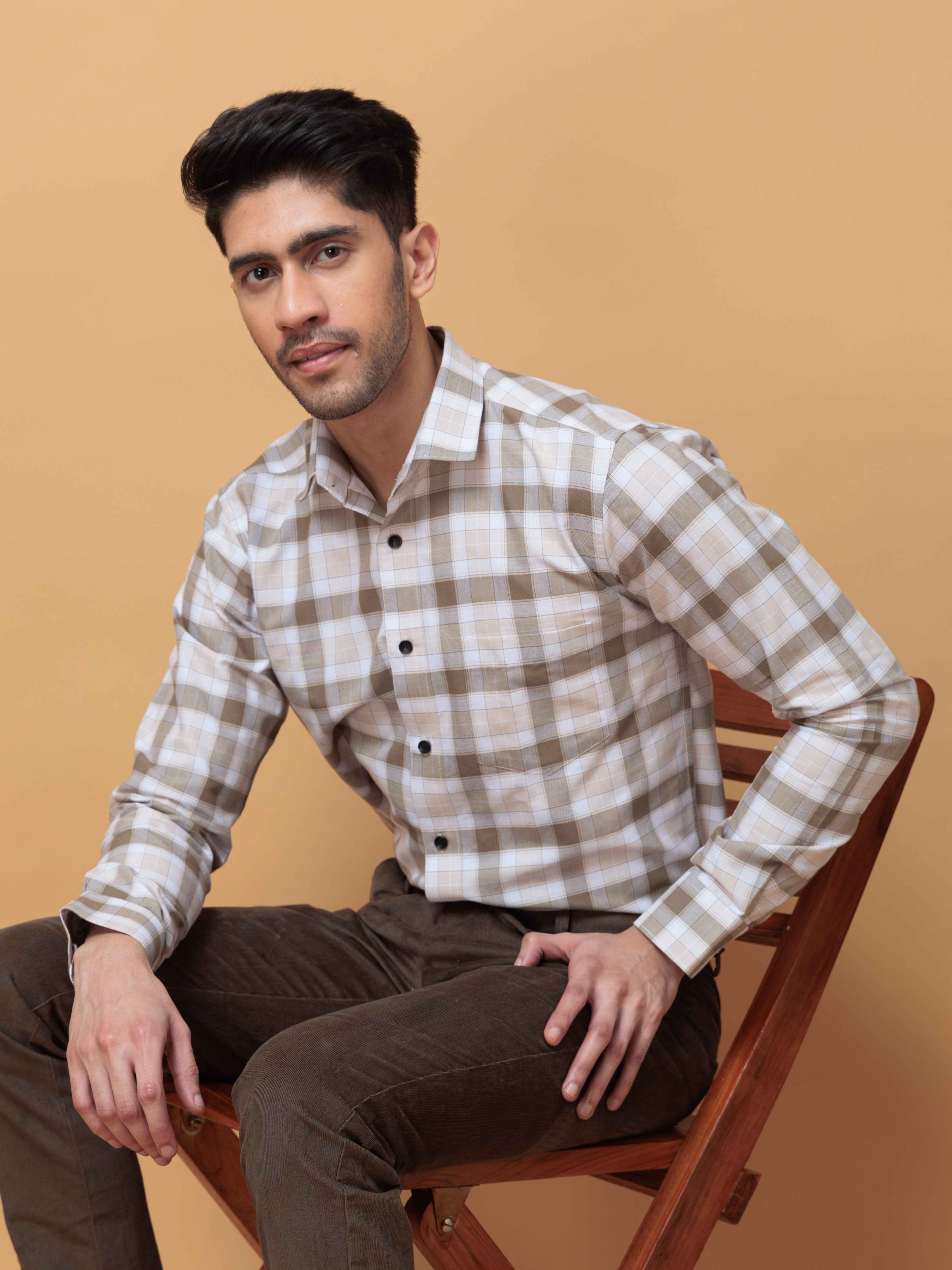 SQUARE WOOD CHECKED COTTON CASUAL SHIRT FOR MEN'S - Image 5