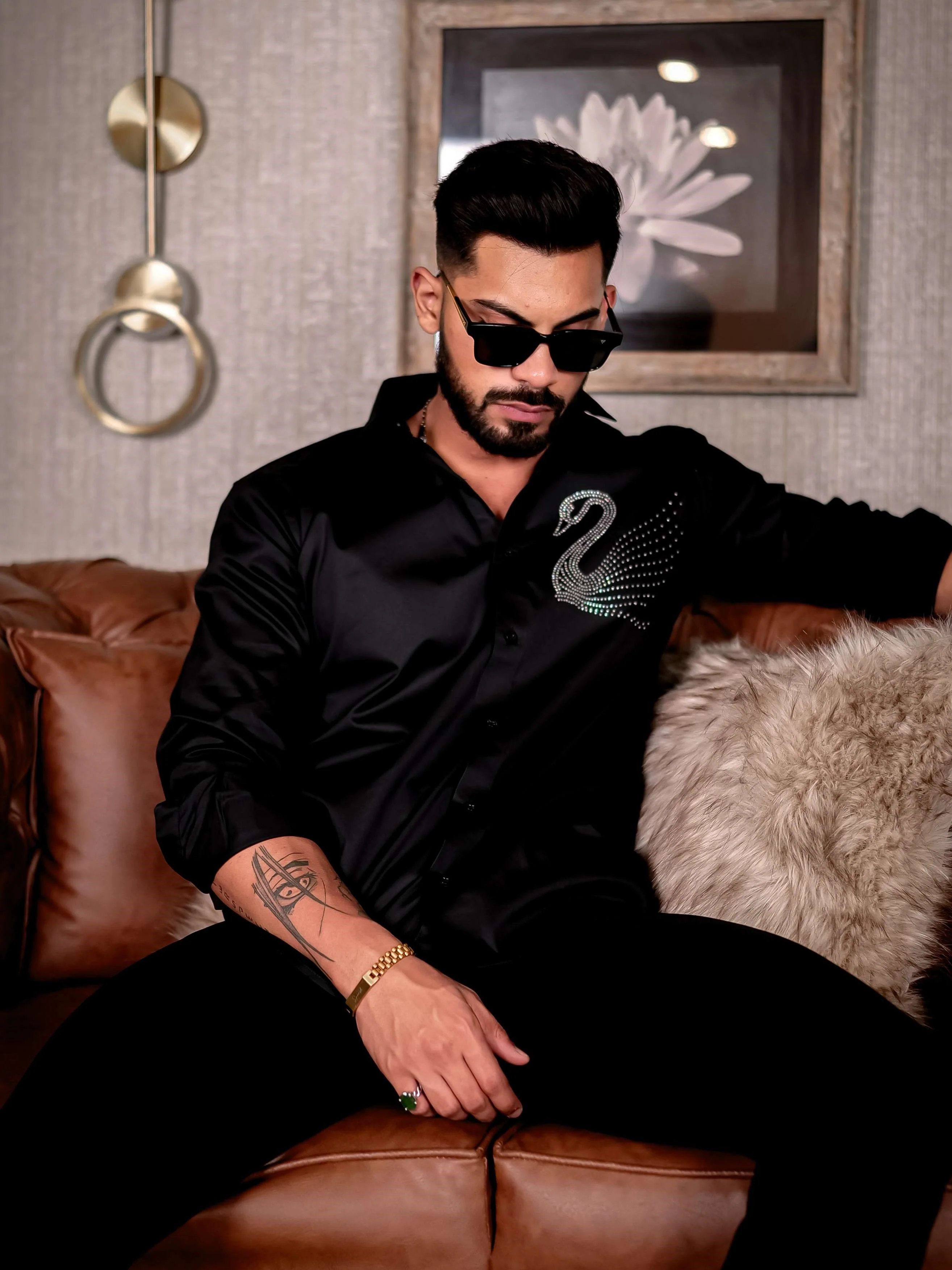 Starry Beaded Swan Black Club Wear Printed Satin Cotton Shirt - Image 4