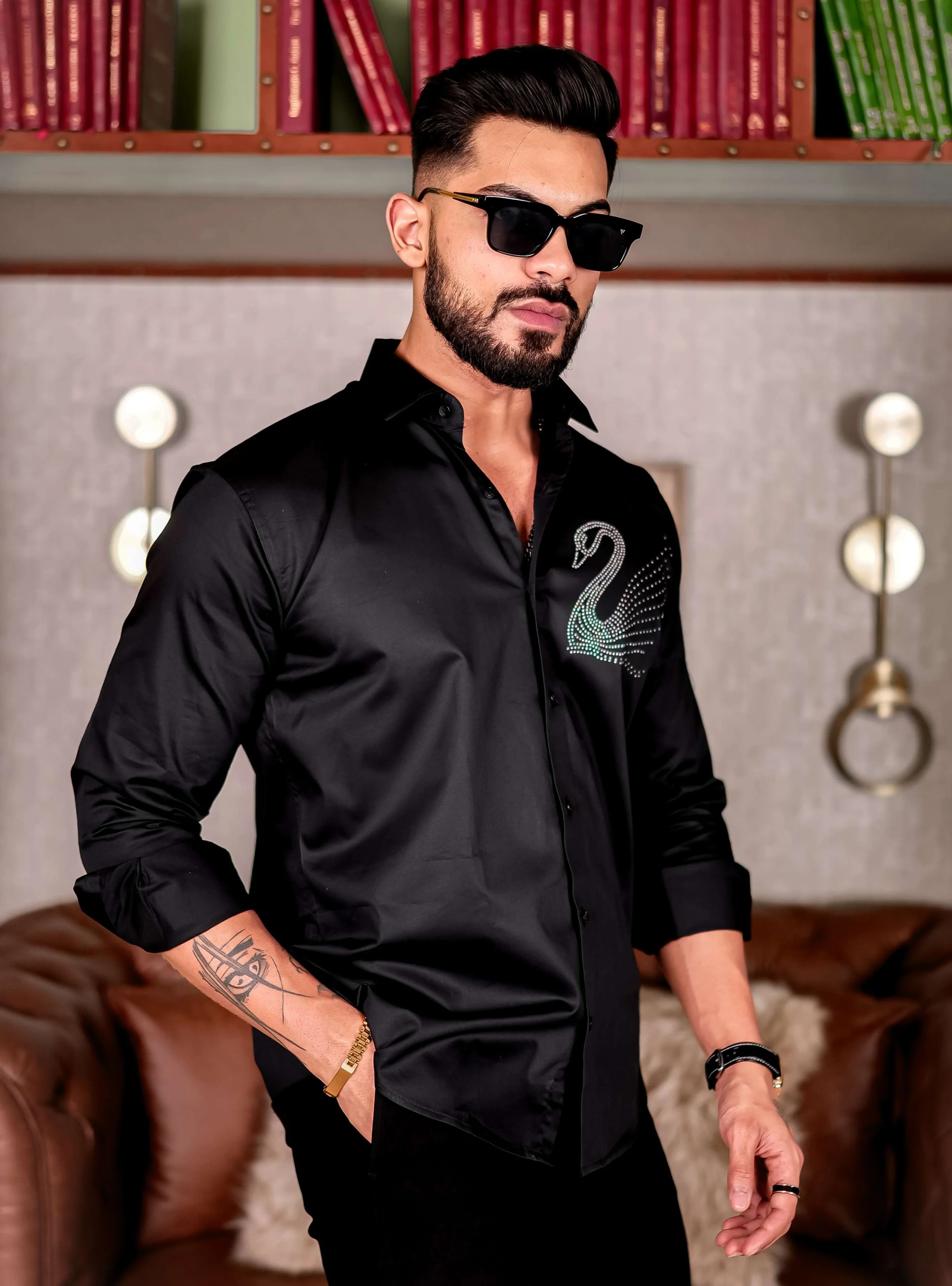 Starry Beaded Swan Black Club Wear Printed Satin Cotton Shirt - Image 5