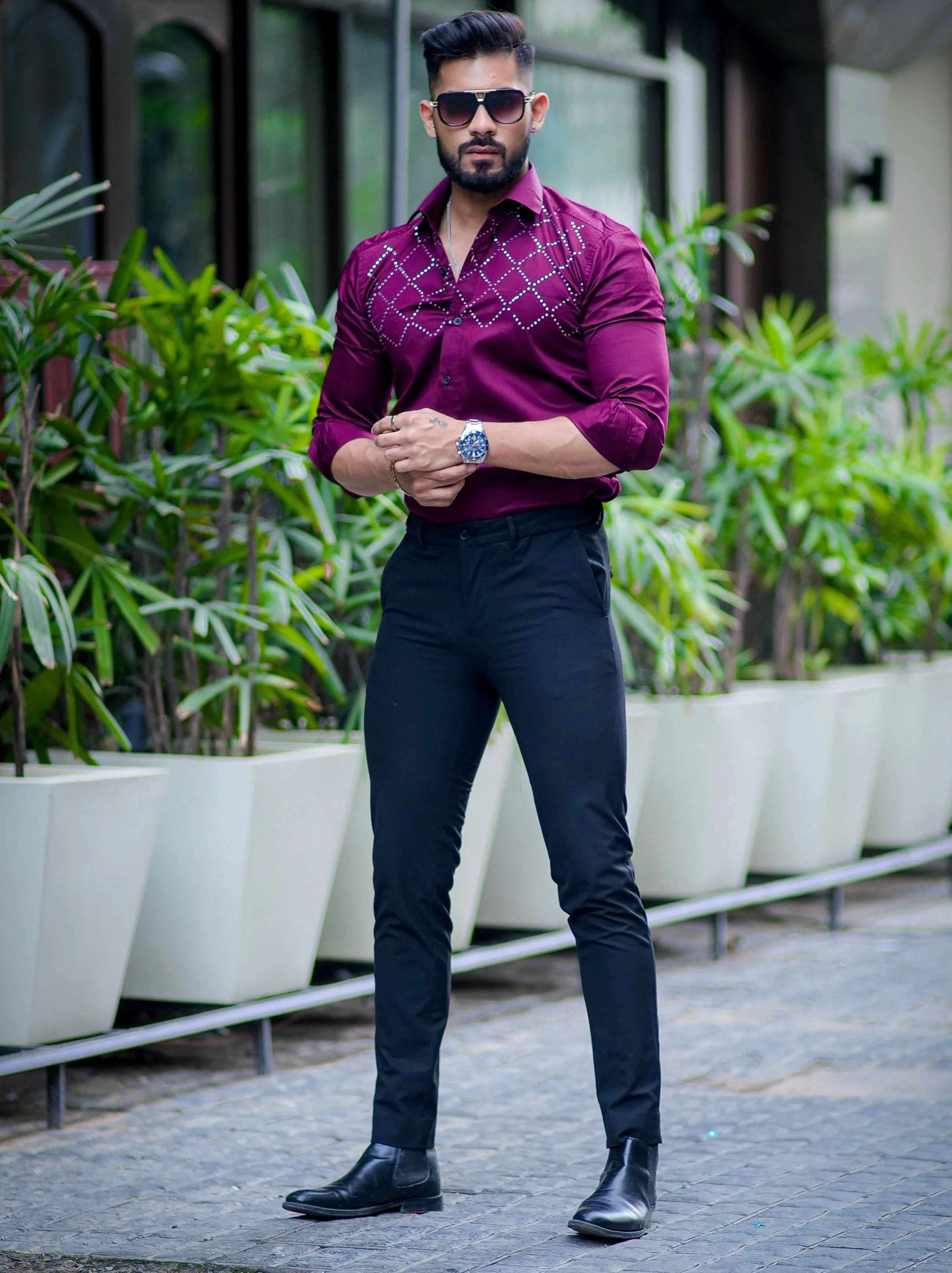 Starry Beaded Wine Berry Premium Cotton Shirt - Image 4
