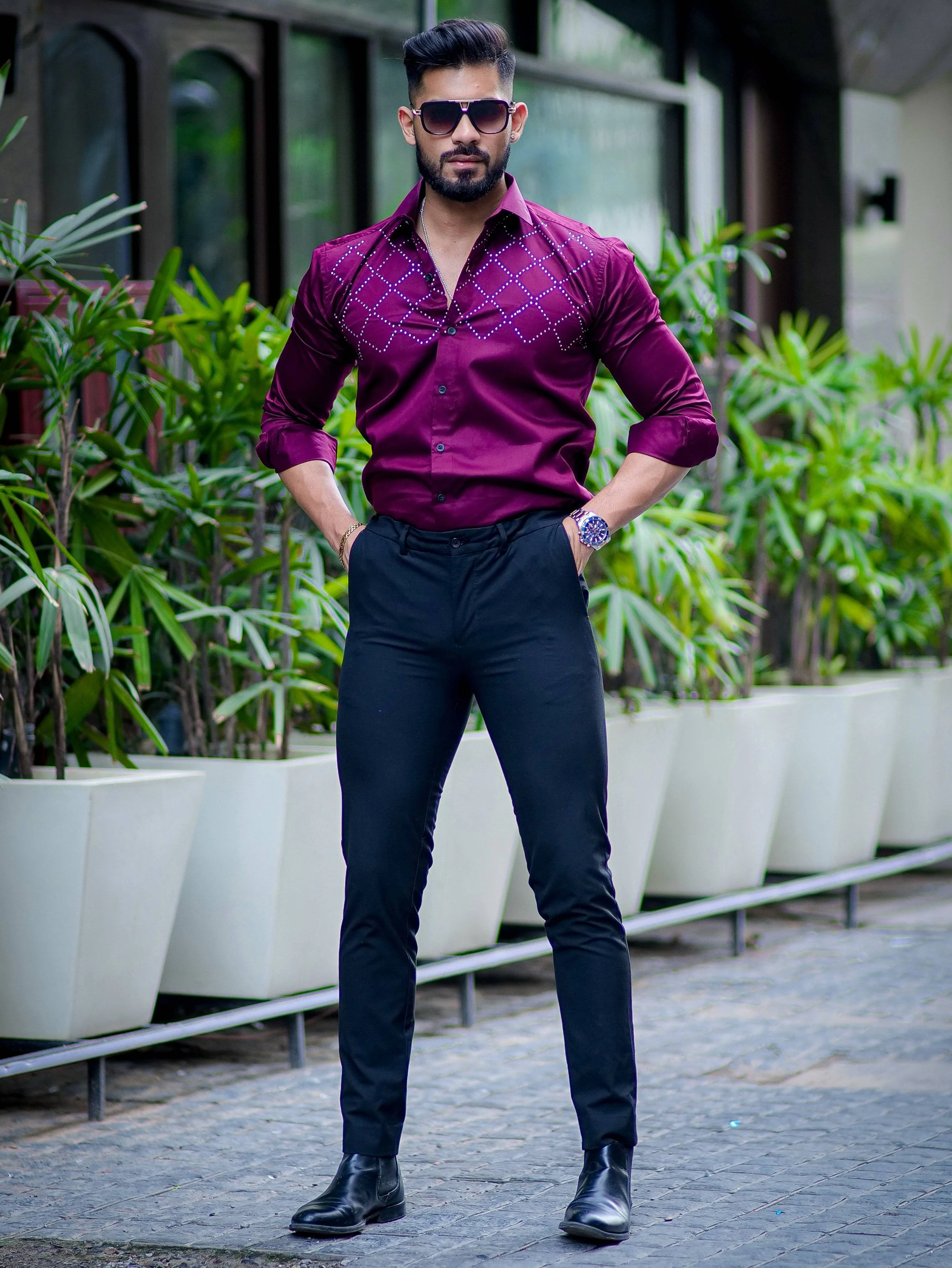Starry Beaded Wine Berry Premium Cotton Shirt - Image 5