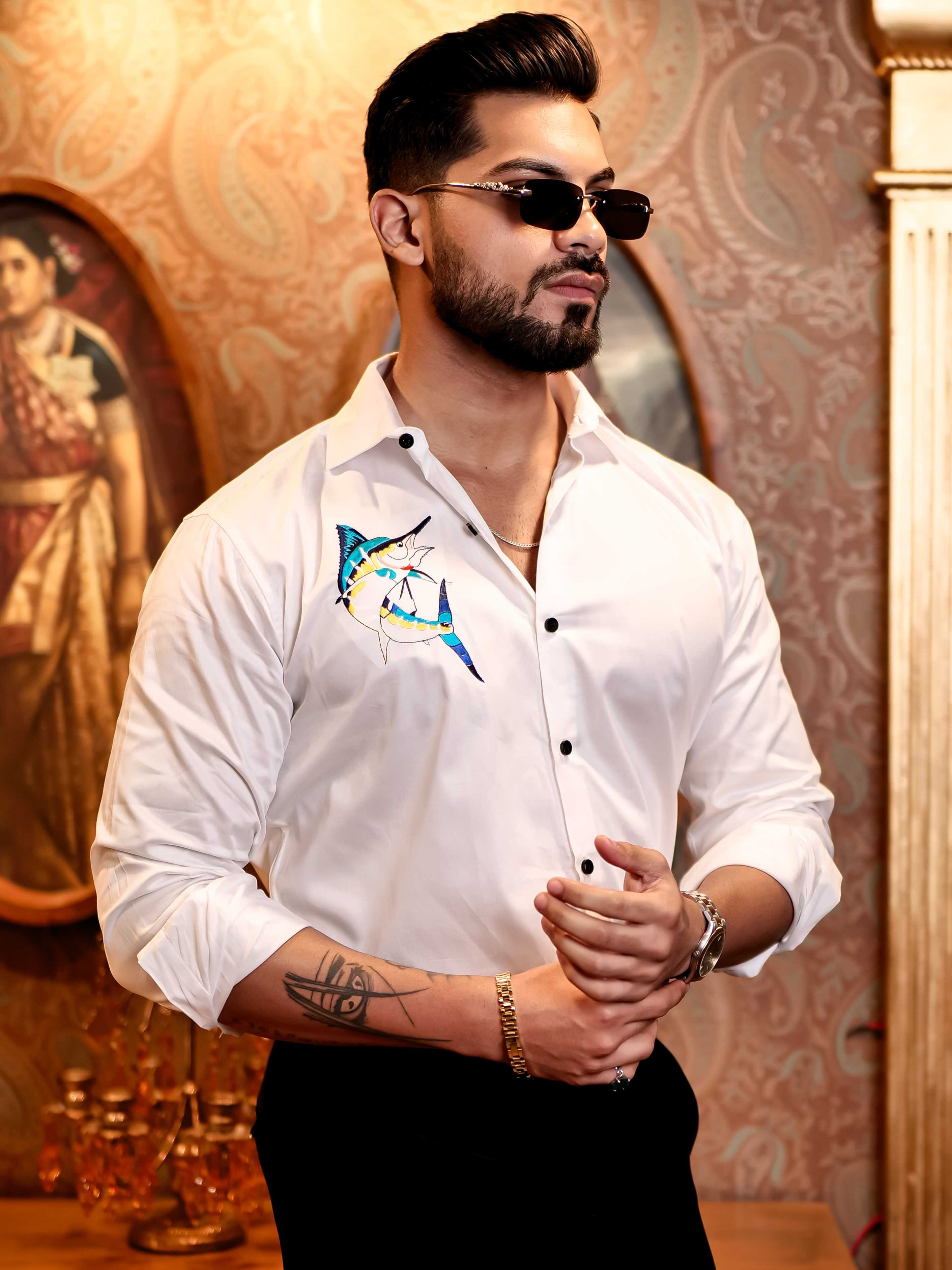Sword Fish White Embroidered Club Wear Satin Cotton Shirt - Image 3