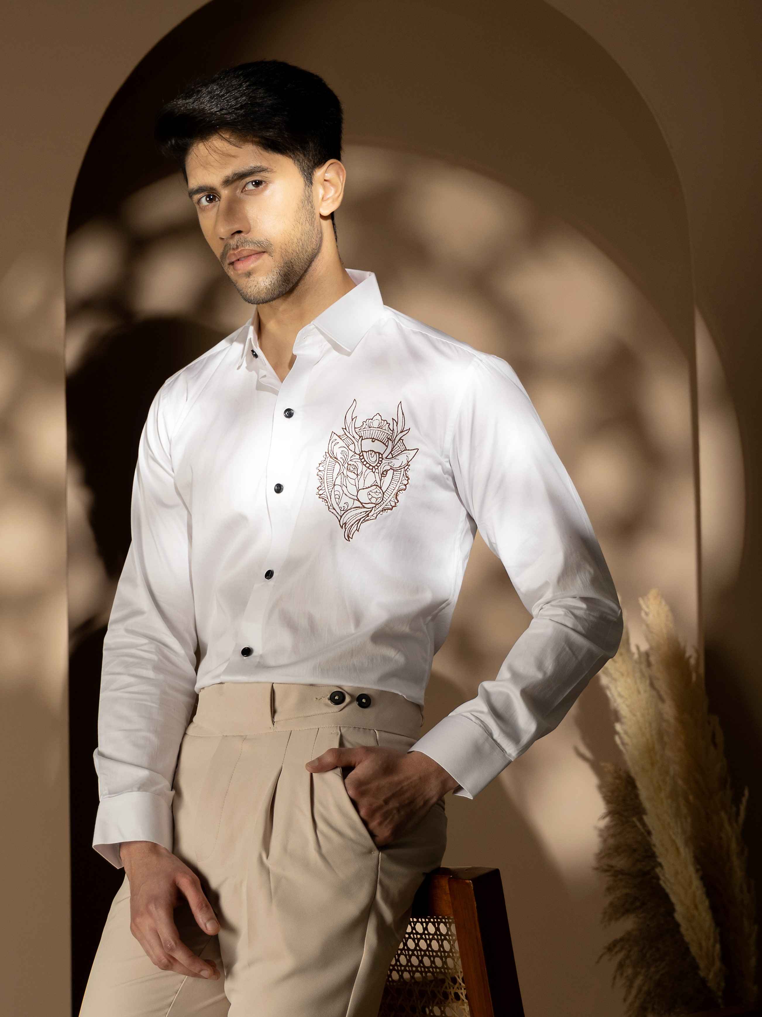 Foomer Moose White Embroidered Club Wear Satin Cotton Shirt - Image 6