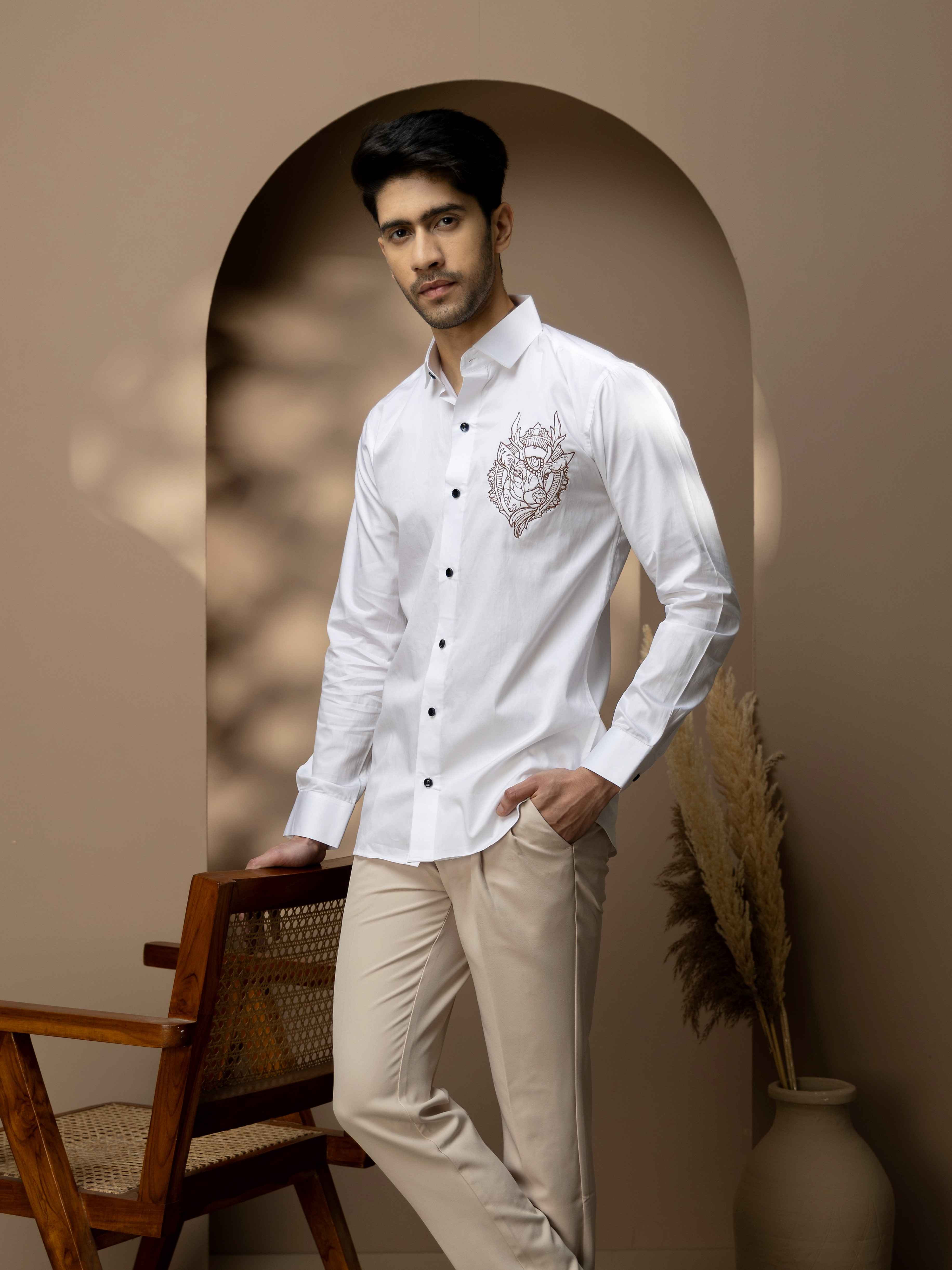 Foomer Moose White Embroidered Club Wear Satin Cotton Shirt - Image 8