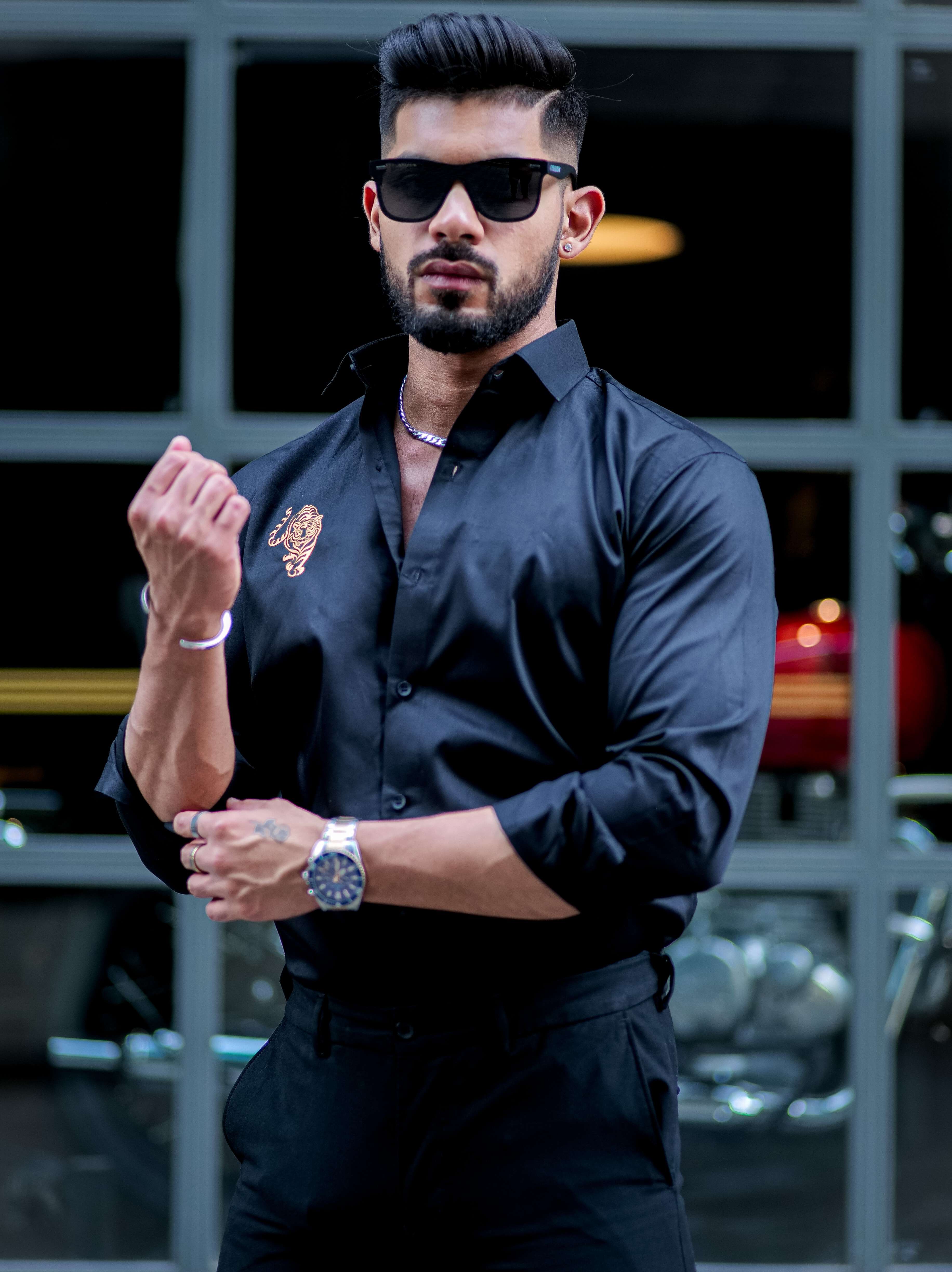 Tiger Embroidered Black Luxury Cotton Shirt - Image 6