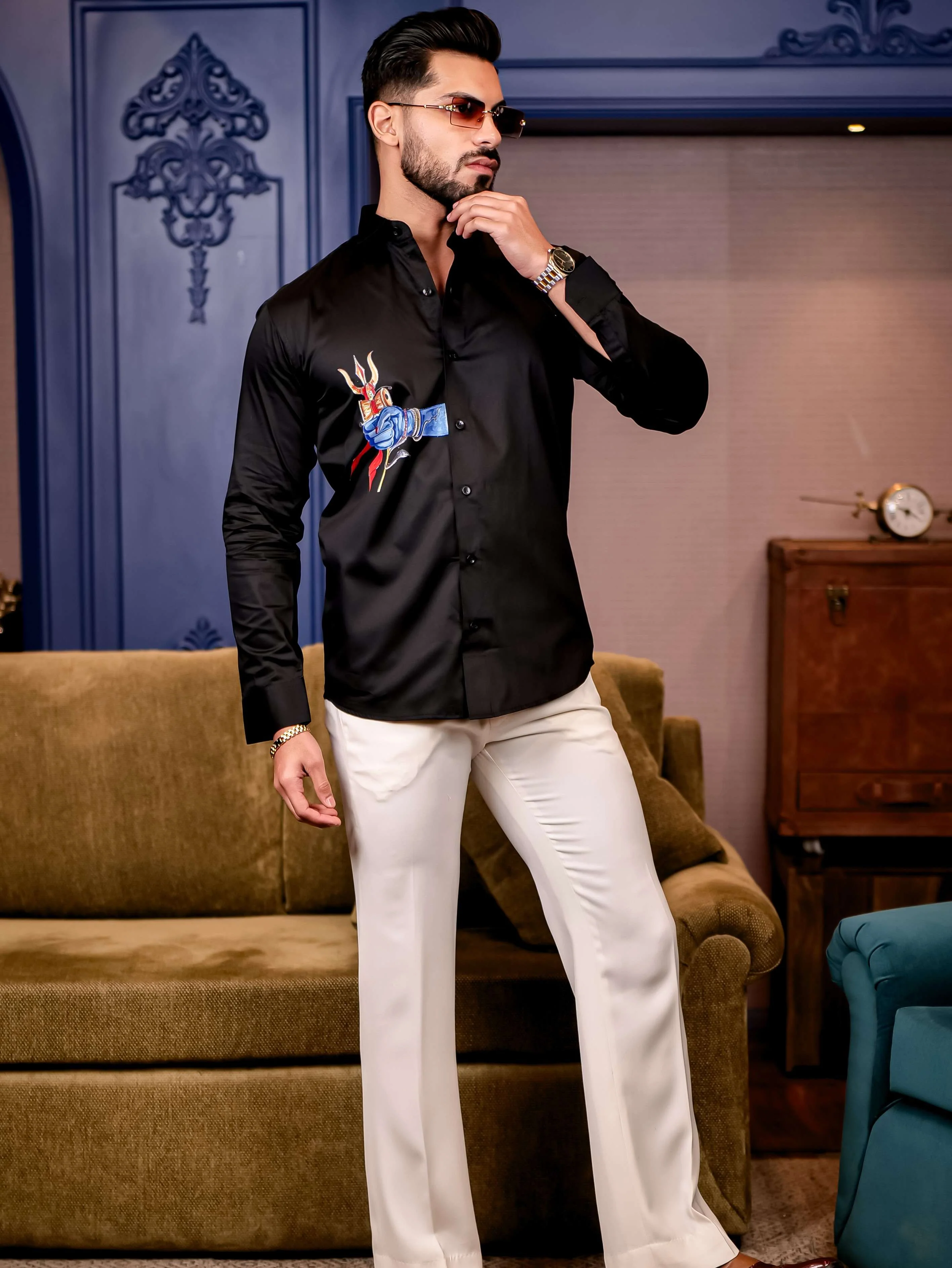 Trishul Black Club Wear Printed Satin Cotton Shirt - Image 6