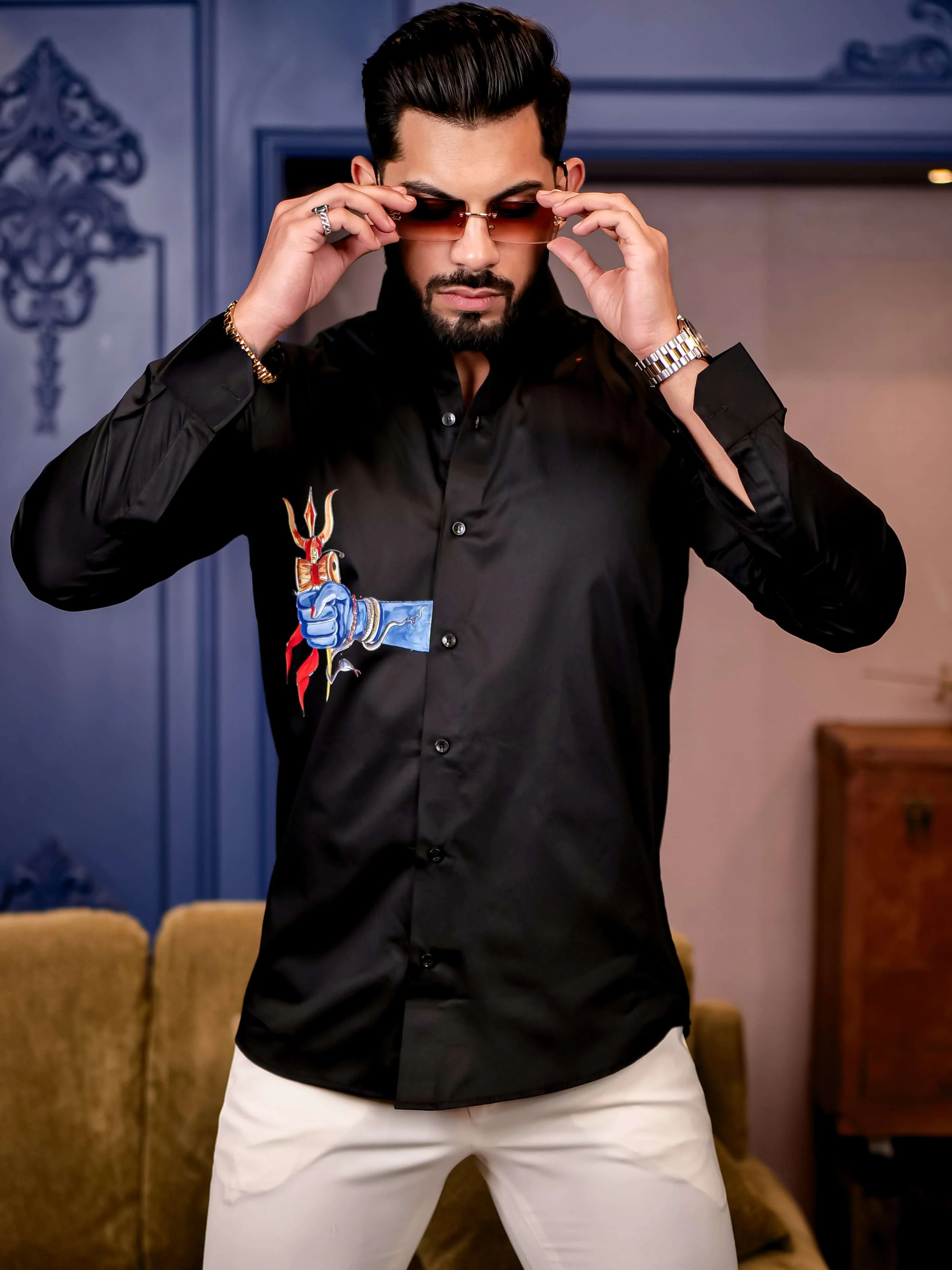 Trishul Black Club Wear Printed Satin Cotton Shirt - Image 7
