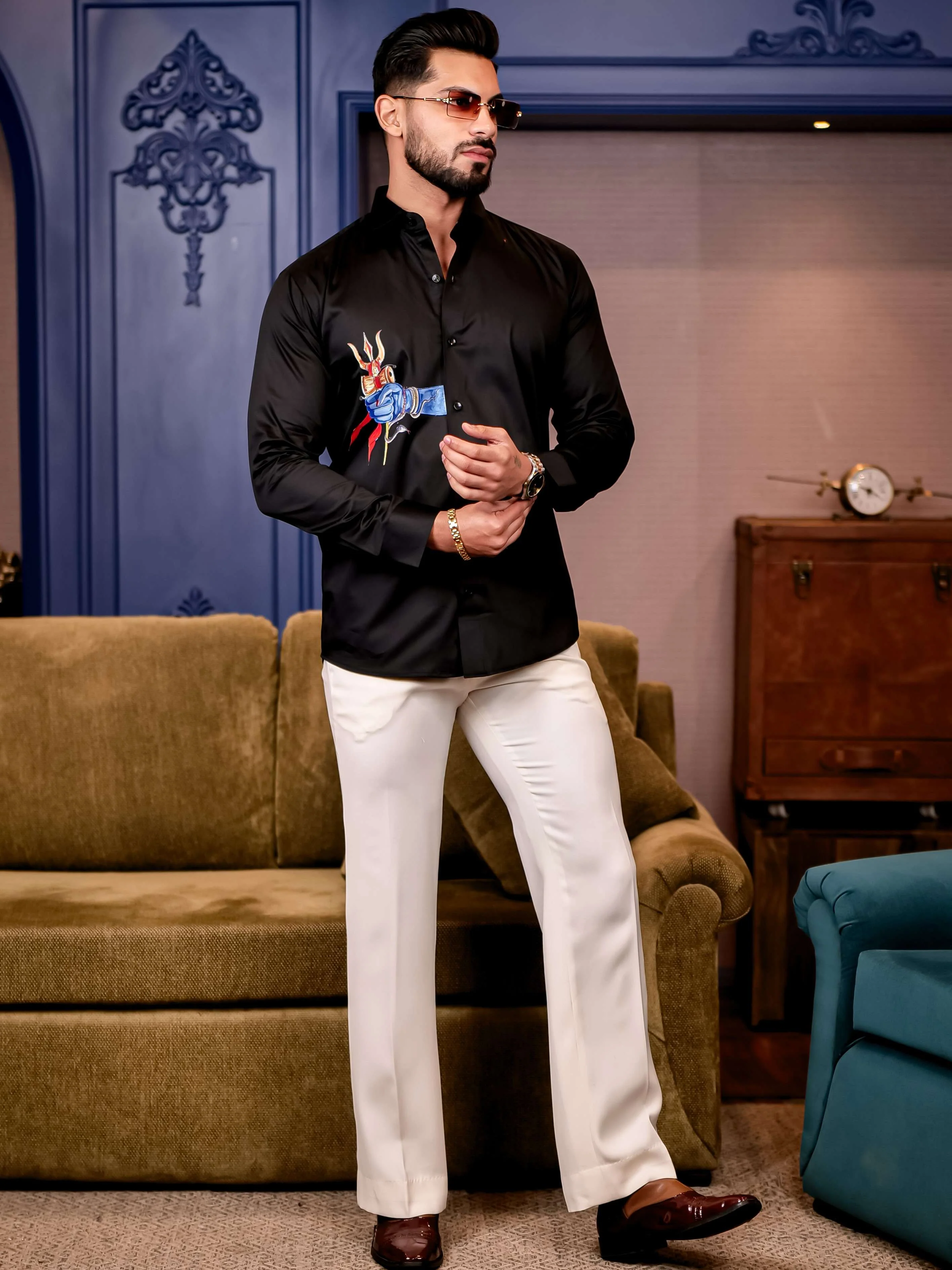 Trishul Black Club Wear Printed Satin Cotton Shirt - Image 8