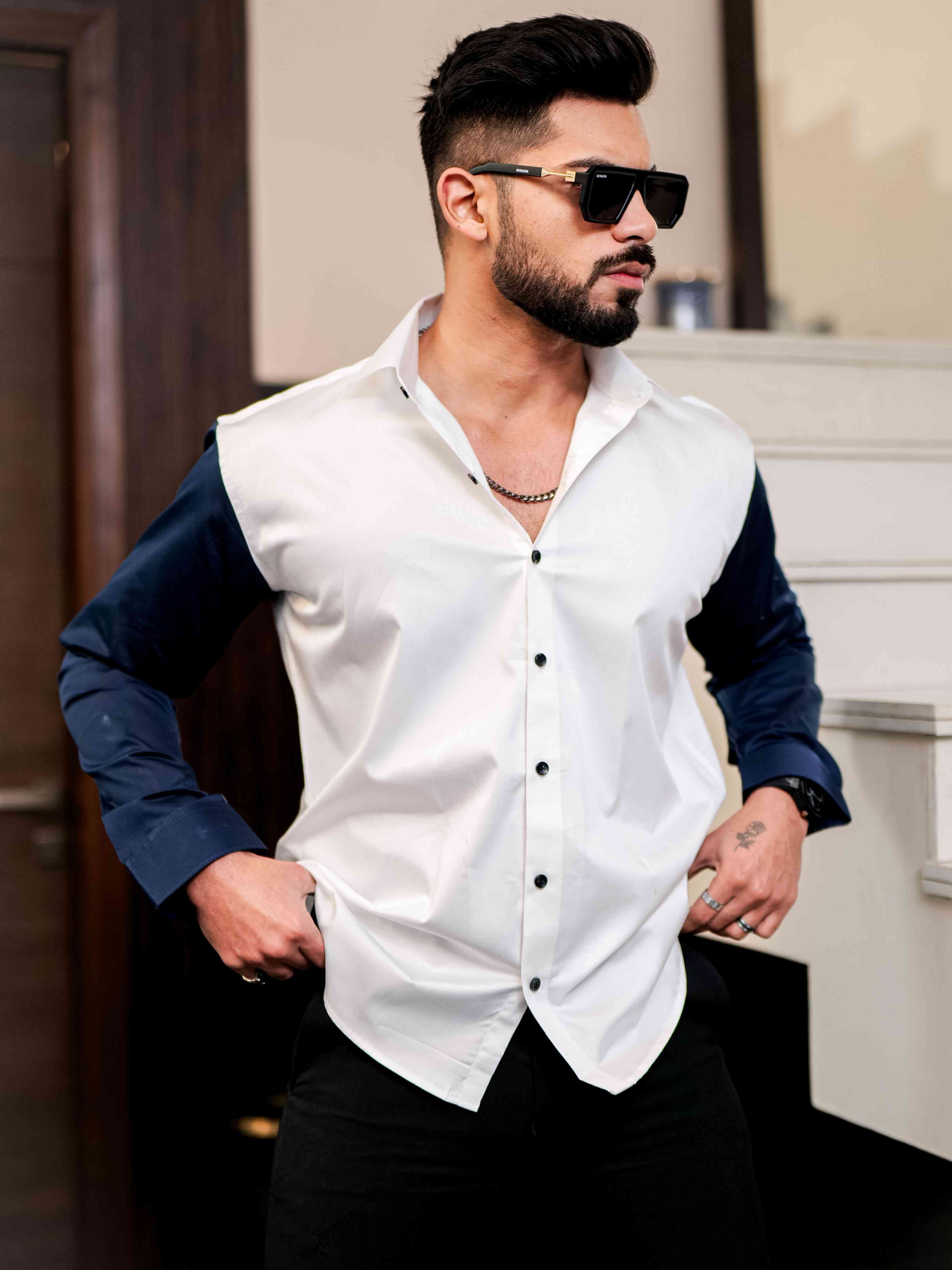 White And Blue Satin Cotton Cut N Sew Designer Shirt - Image 8