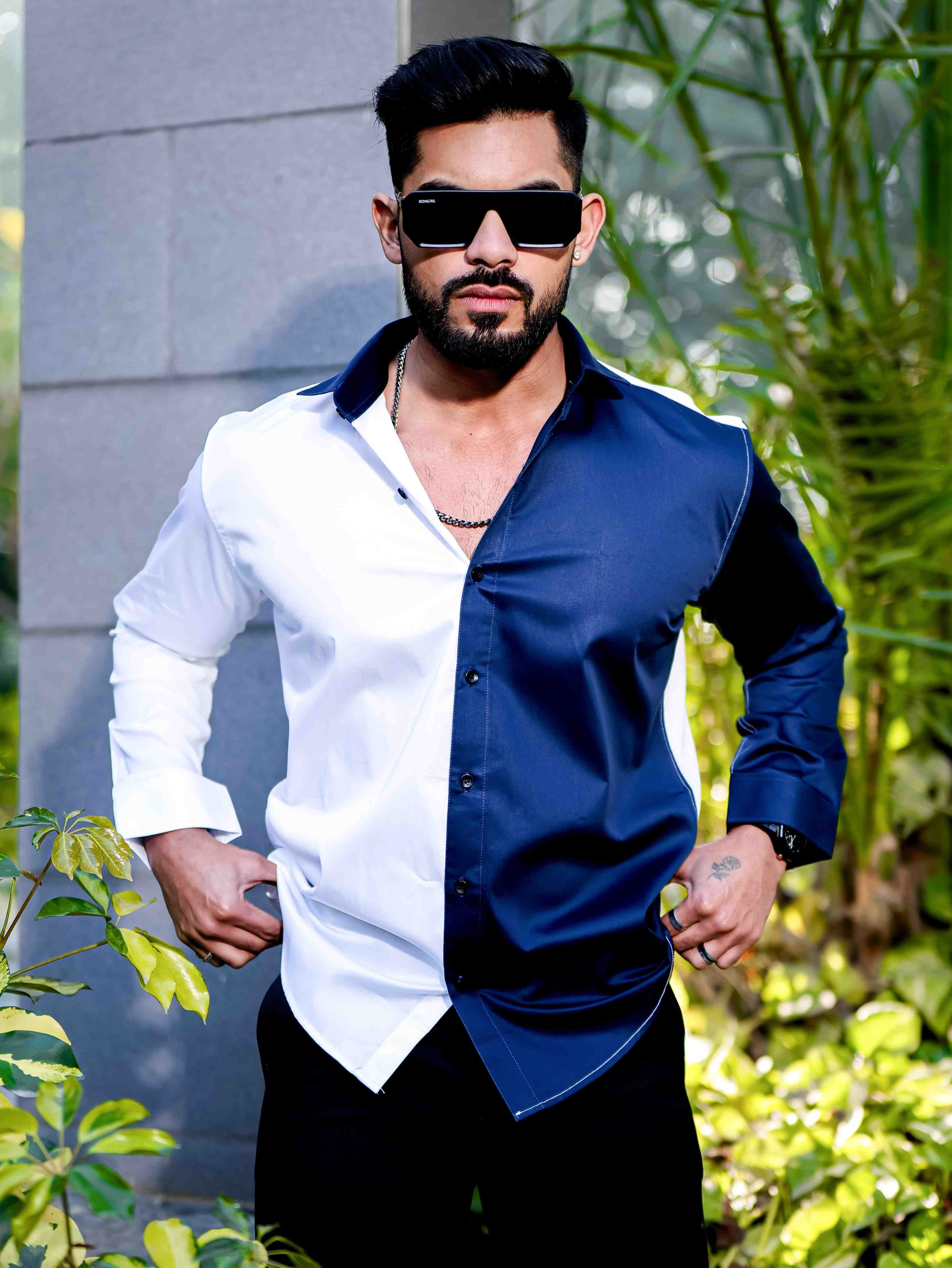 White And Blue Satin Cotton Designer Shirt - Image 3