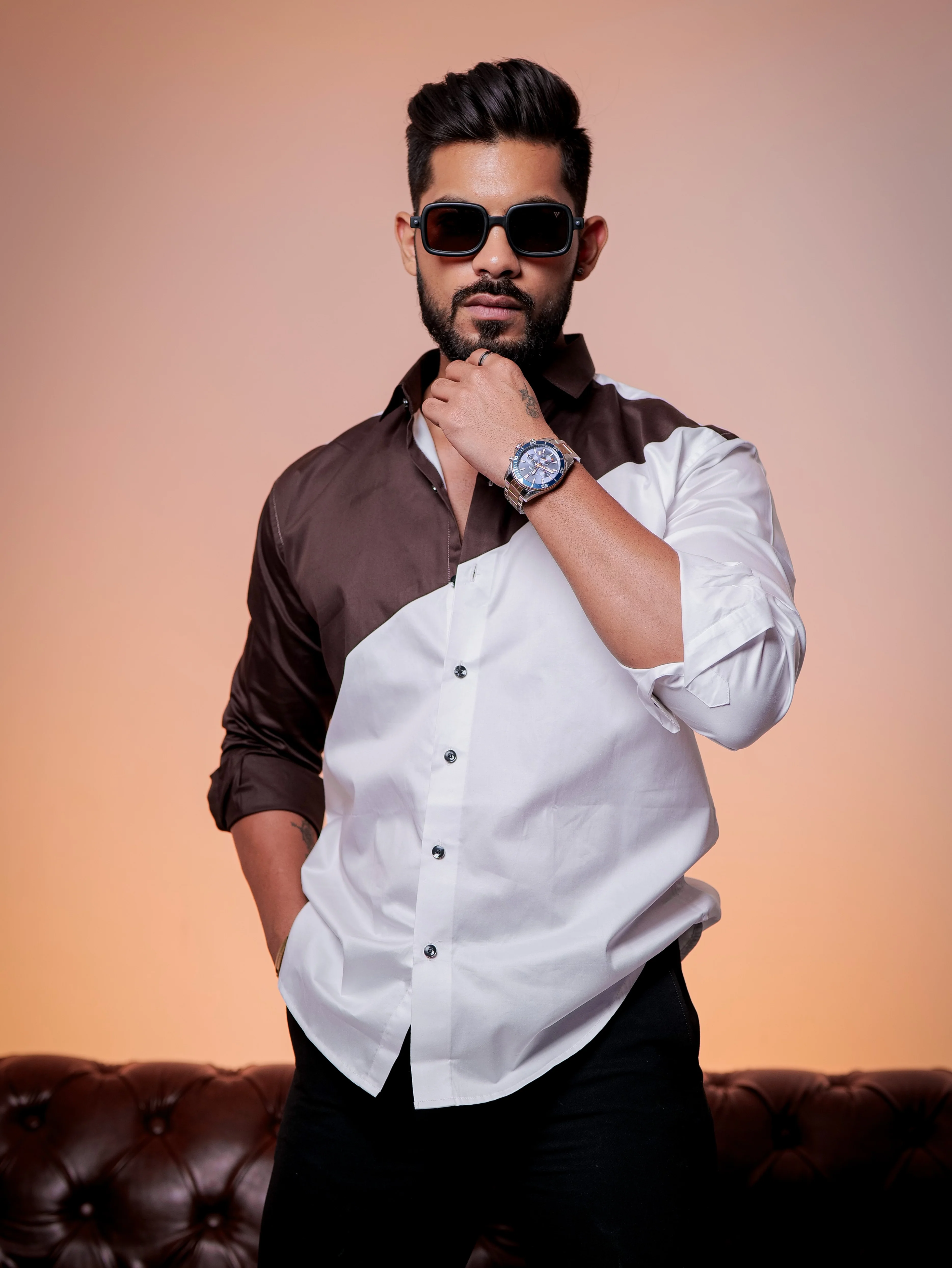 White And Brown Designer Satin Cotton Shirt - Image 6