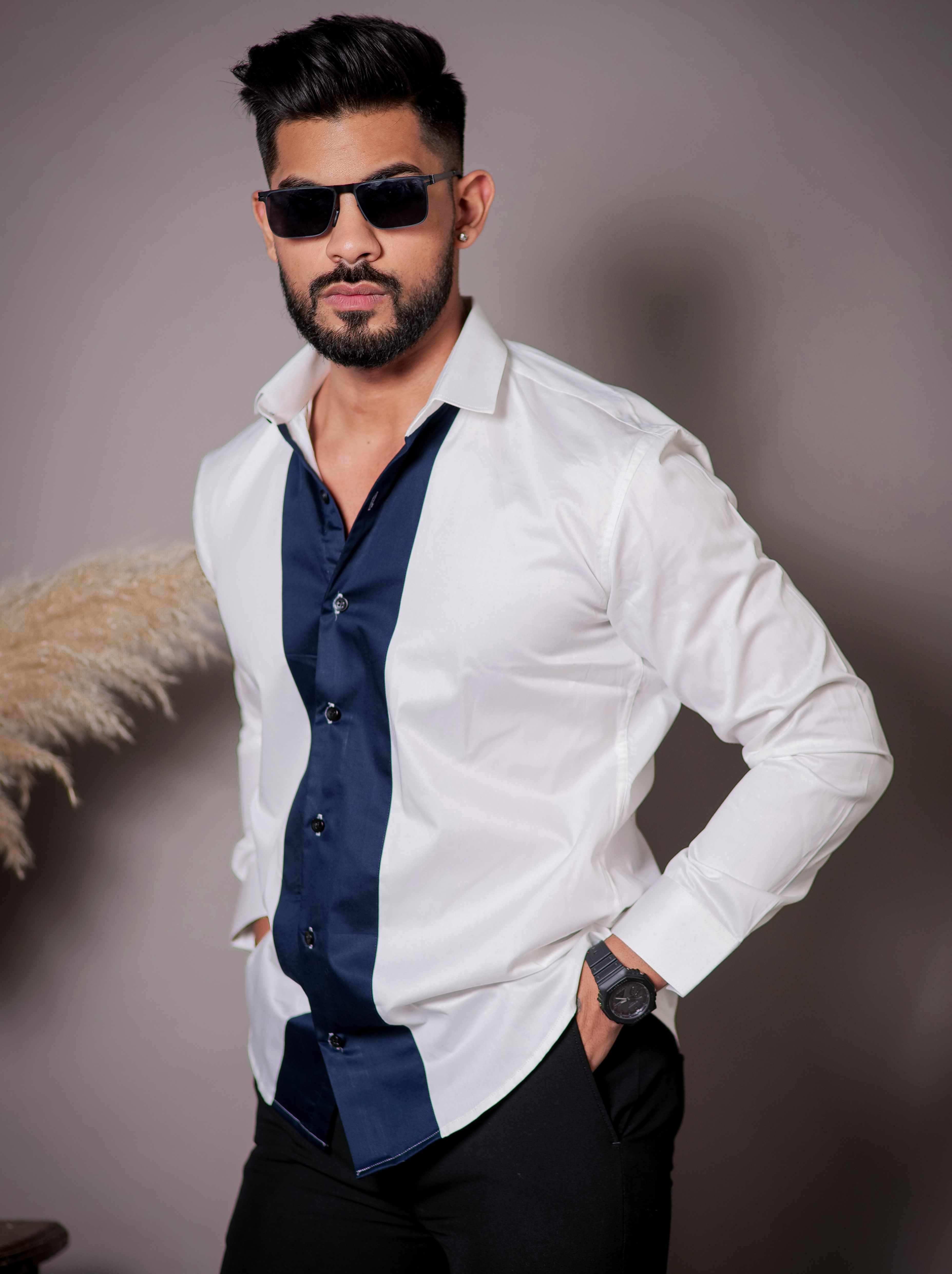 White And Blue Designer Satin Cotton Shirt - Image 4
