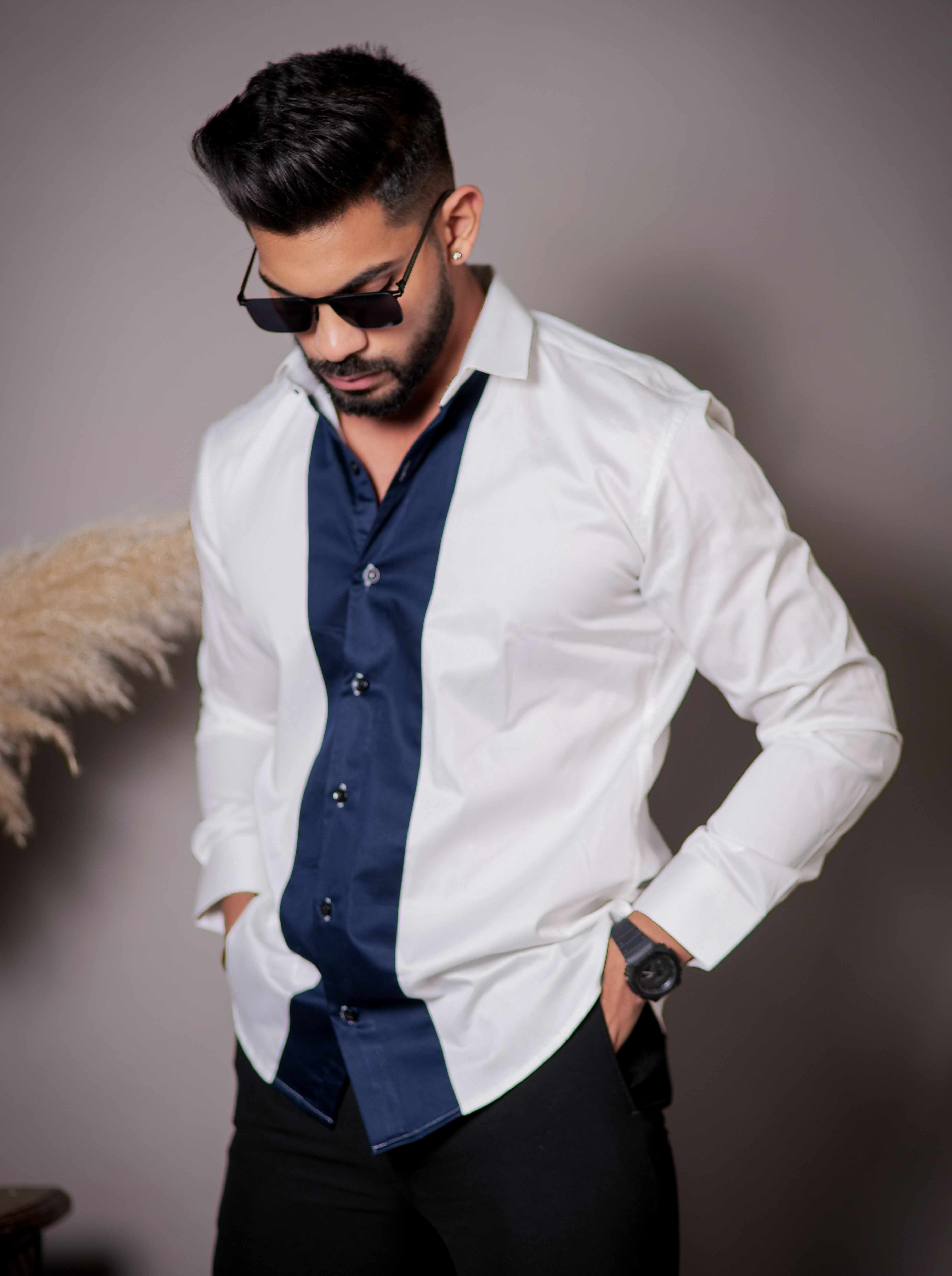 White And Blue Designer Satin Cotton Shirt - Image 5