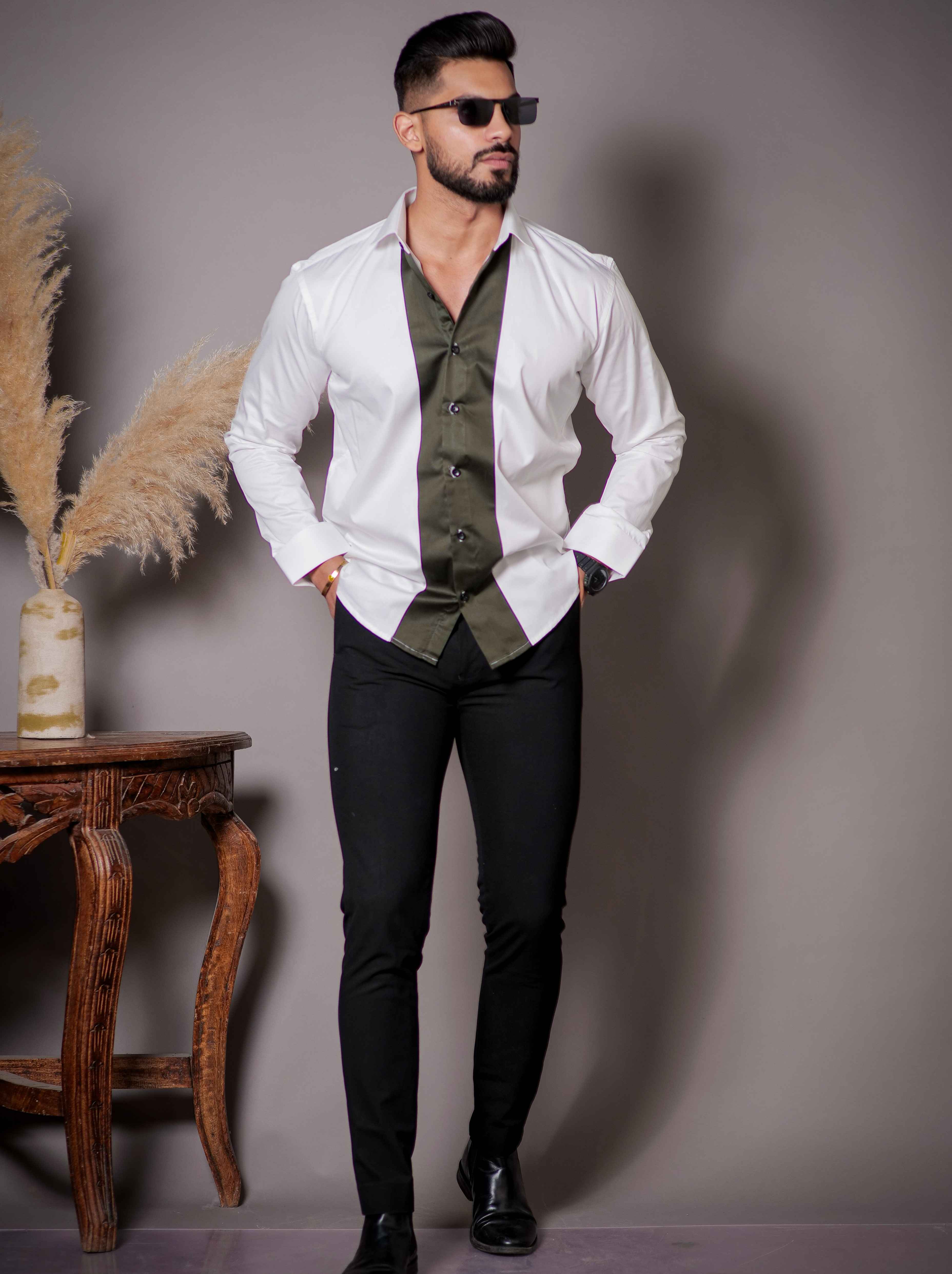 White And Green Designer Satin Cotton Shirt - Image 3
