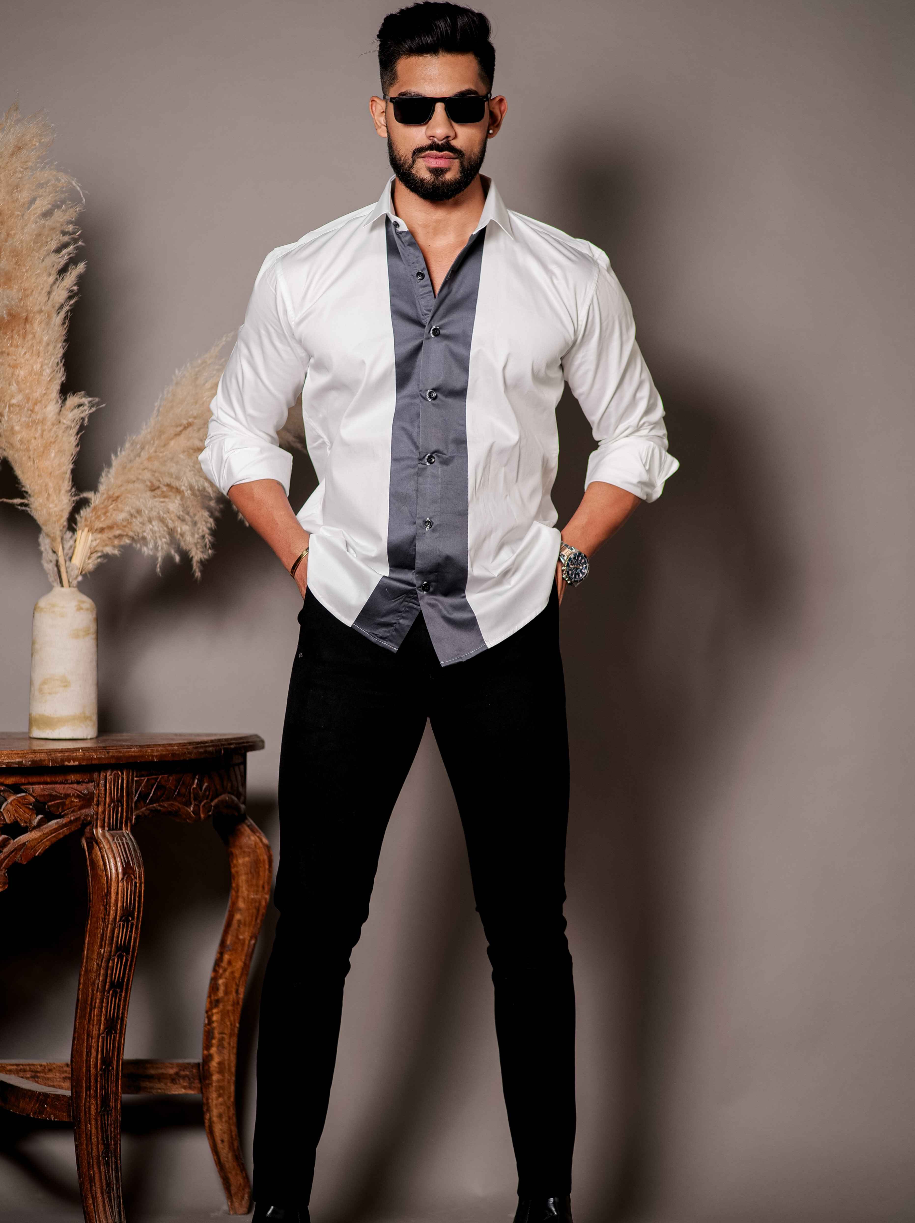 White And Grey Designer Satin Cotton Shirt - Image 4
