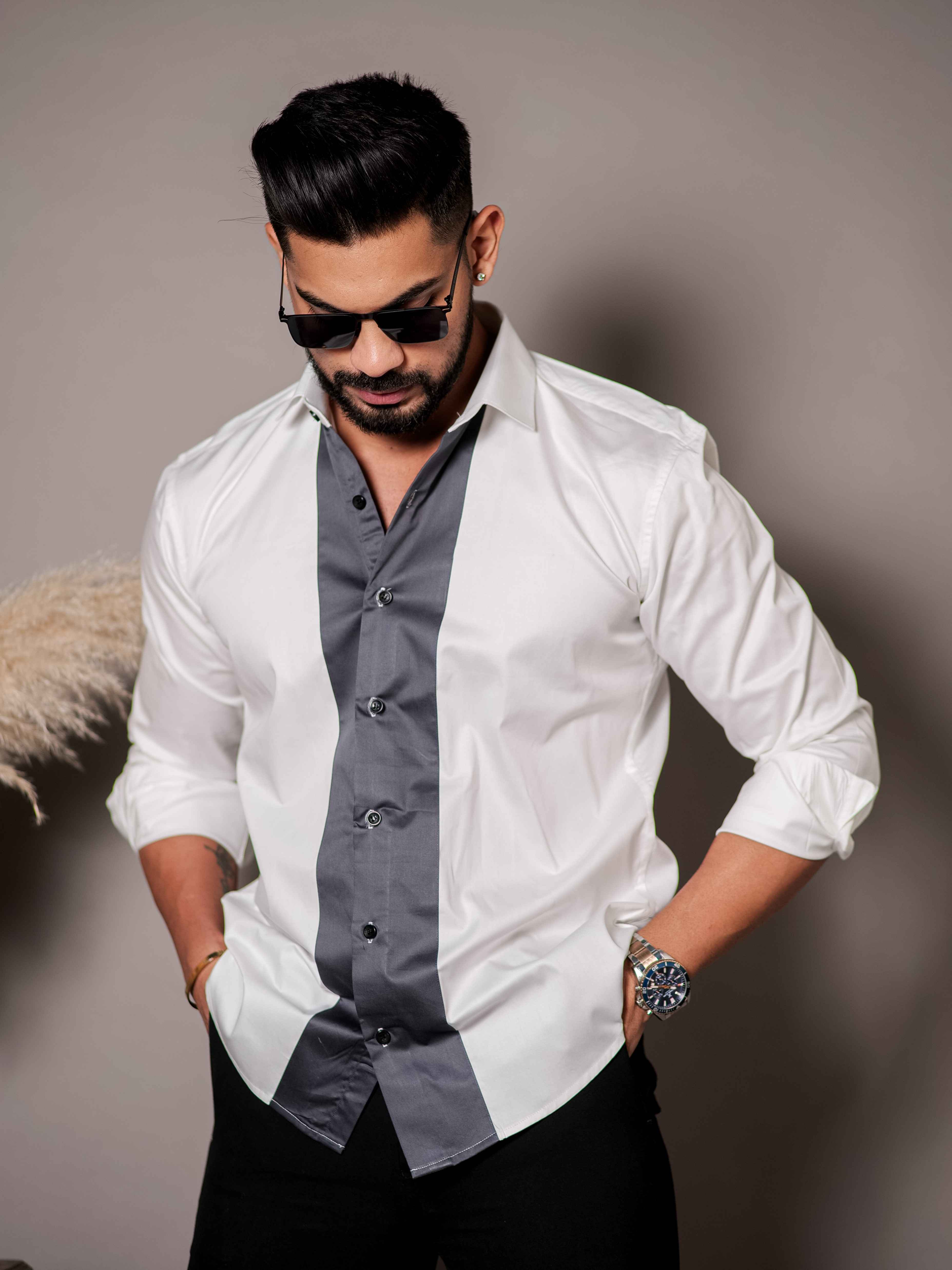 White And Grey Designer Satin Cotton Shirt - Image 5