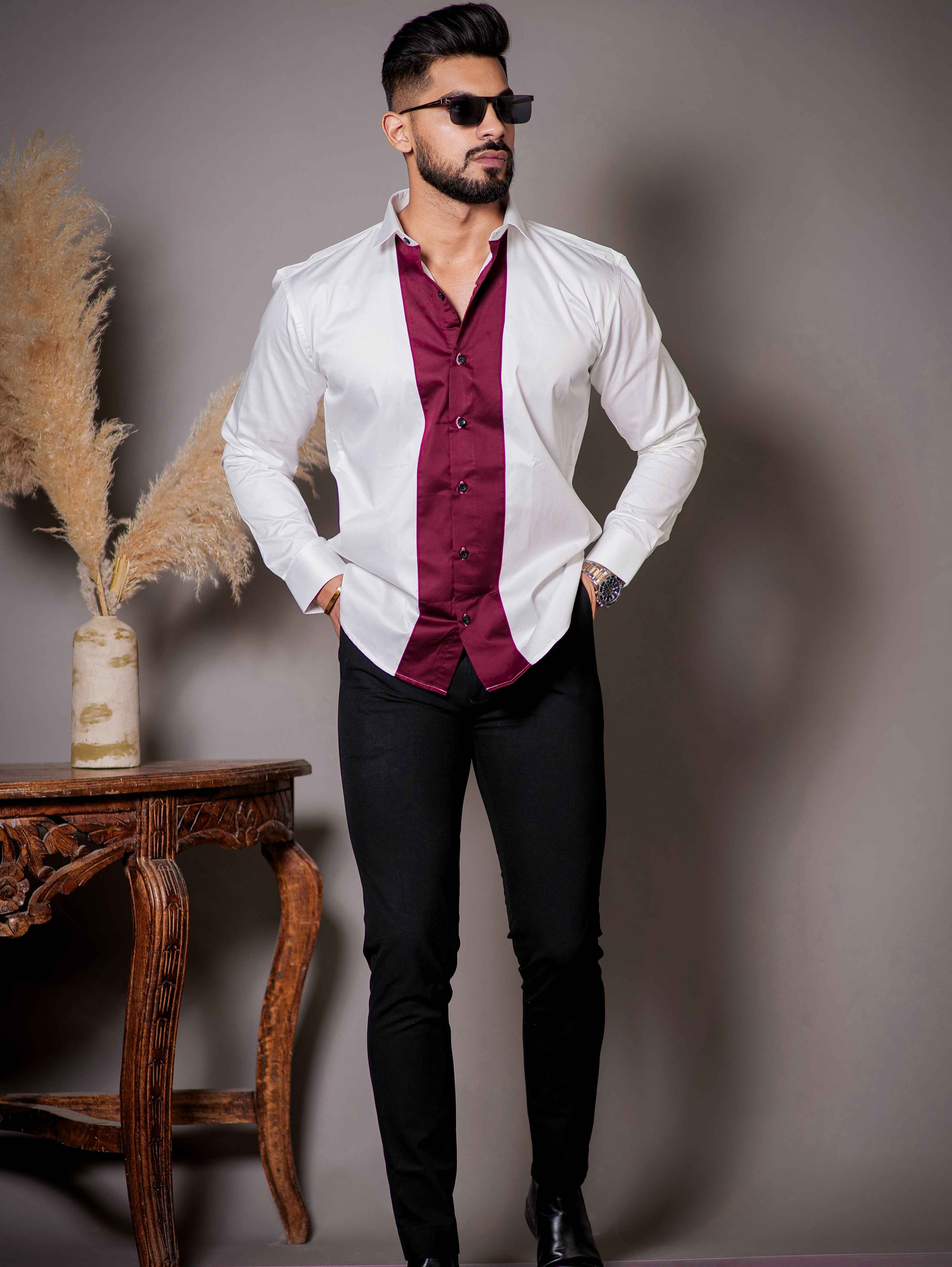 White And Maroon Designer Satin Cotton Shirt - Image 3