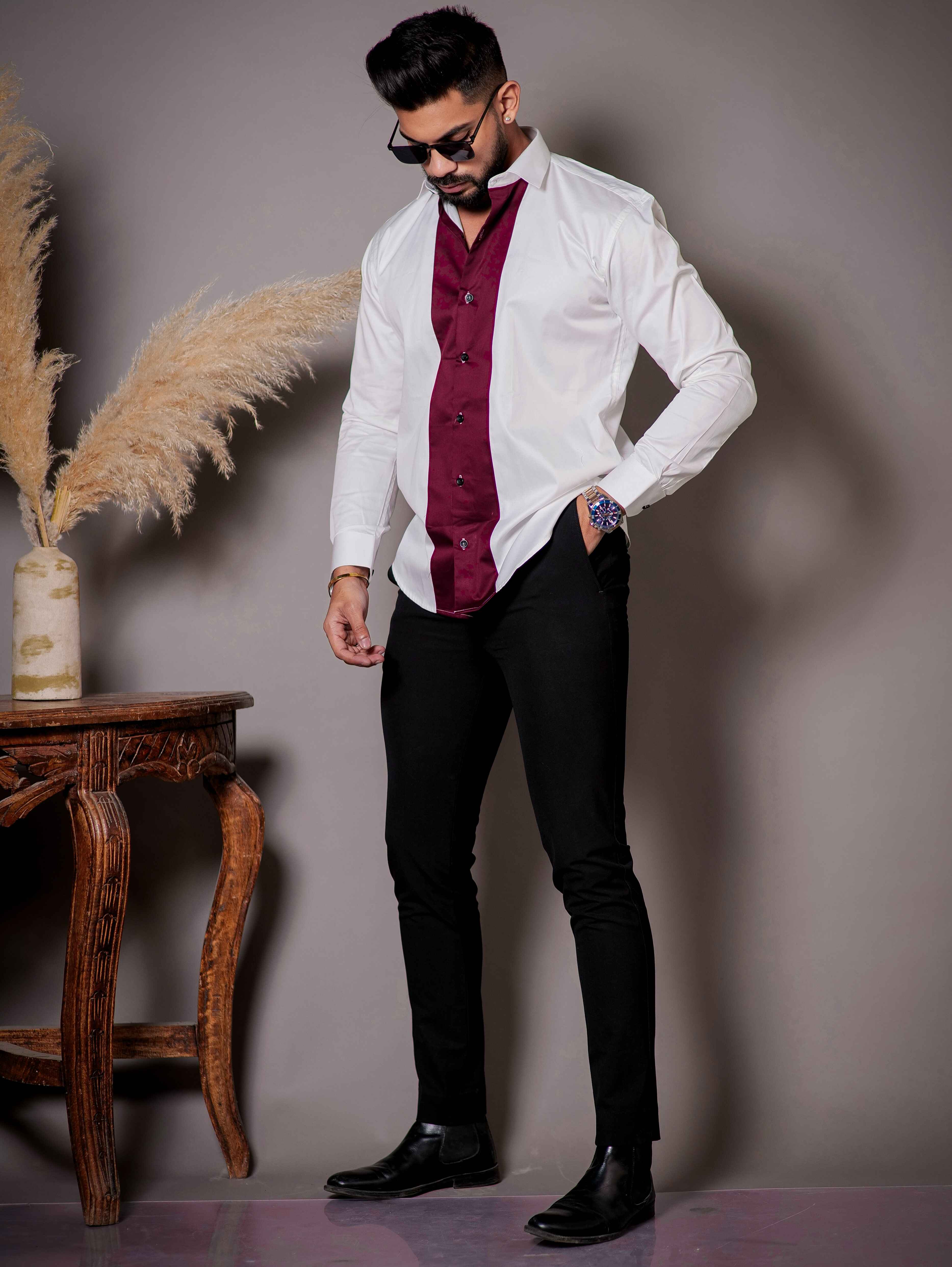 White And Maroon Designer Satin Cotton Shirt - Image 4