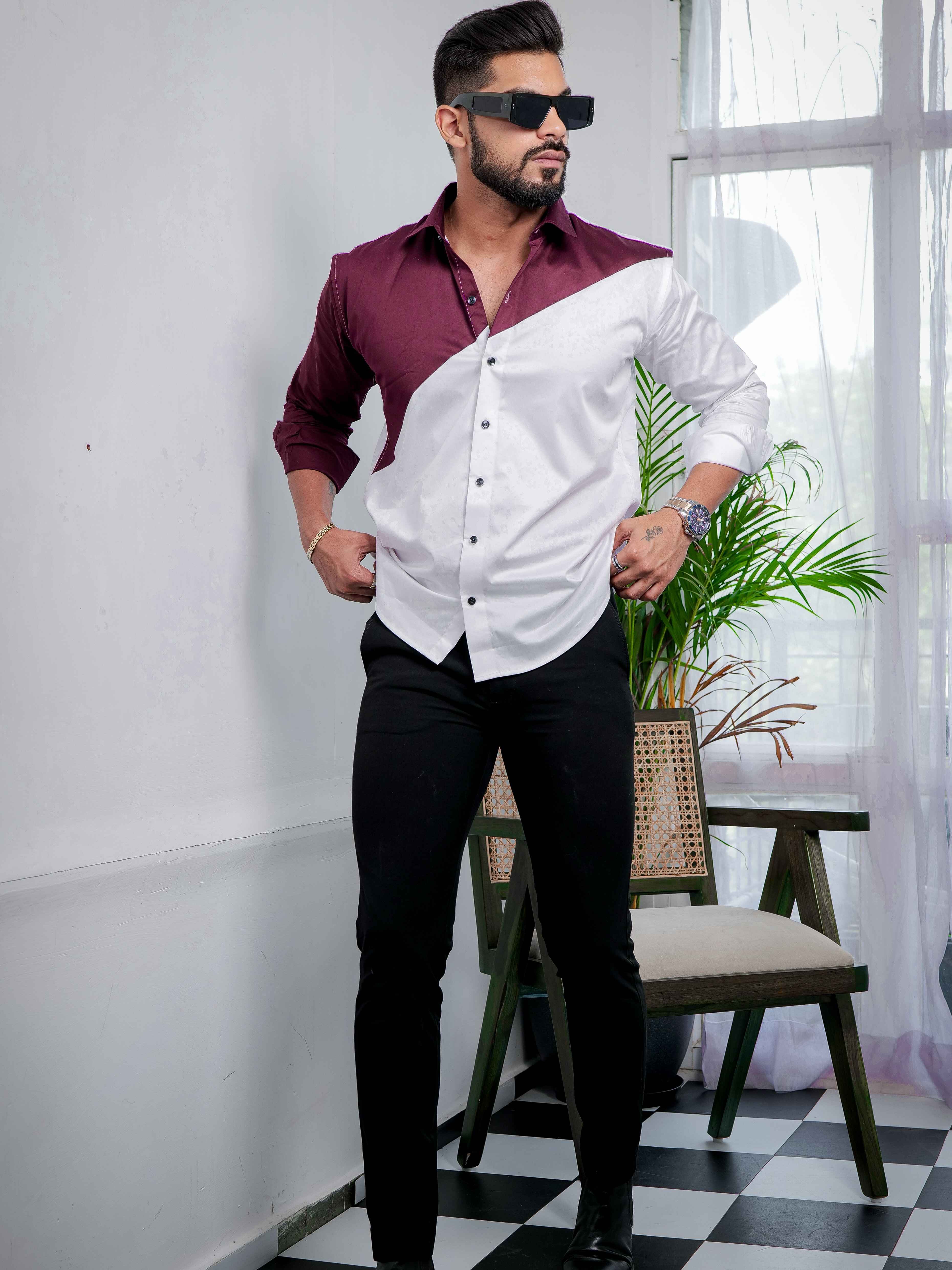 White And Maroon Designer Satin Cotton Shirt - Image 4