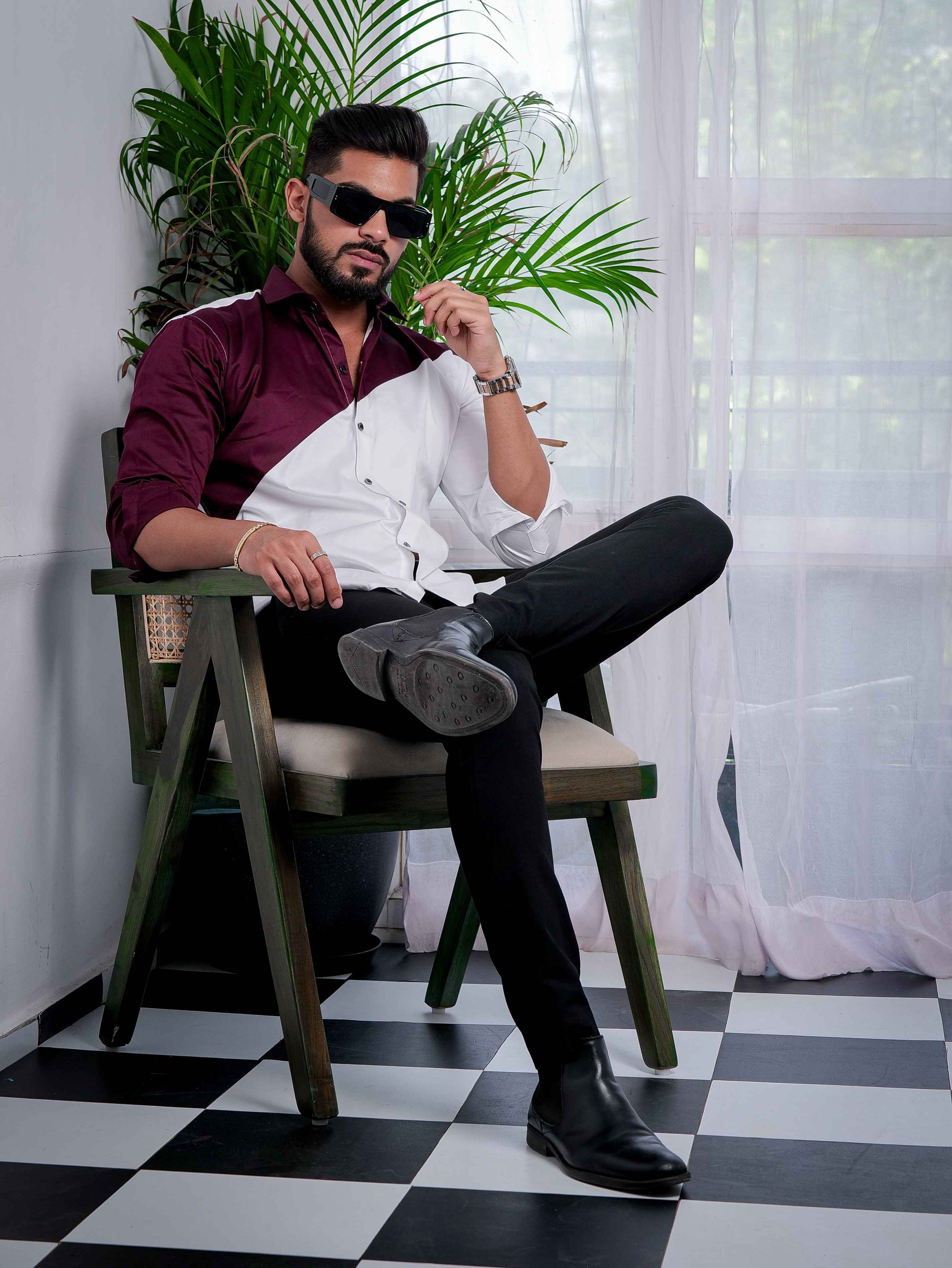 White And Maroon Designer Satin Cotton Shirt - Image 6