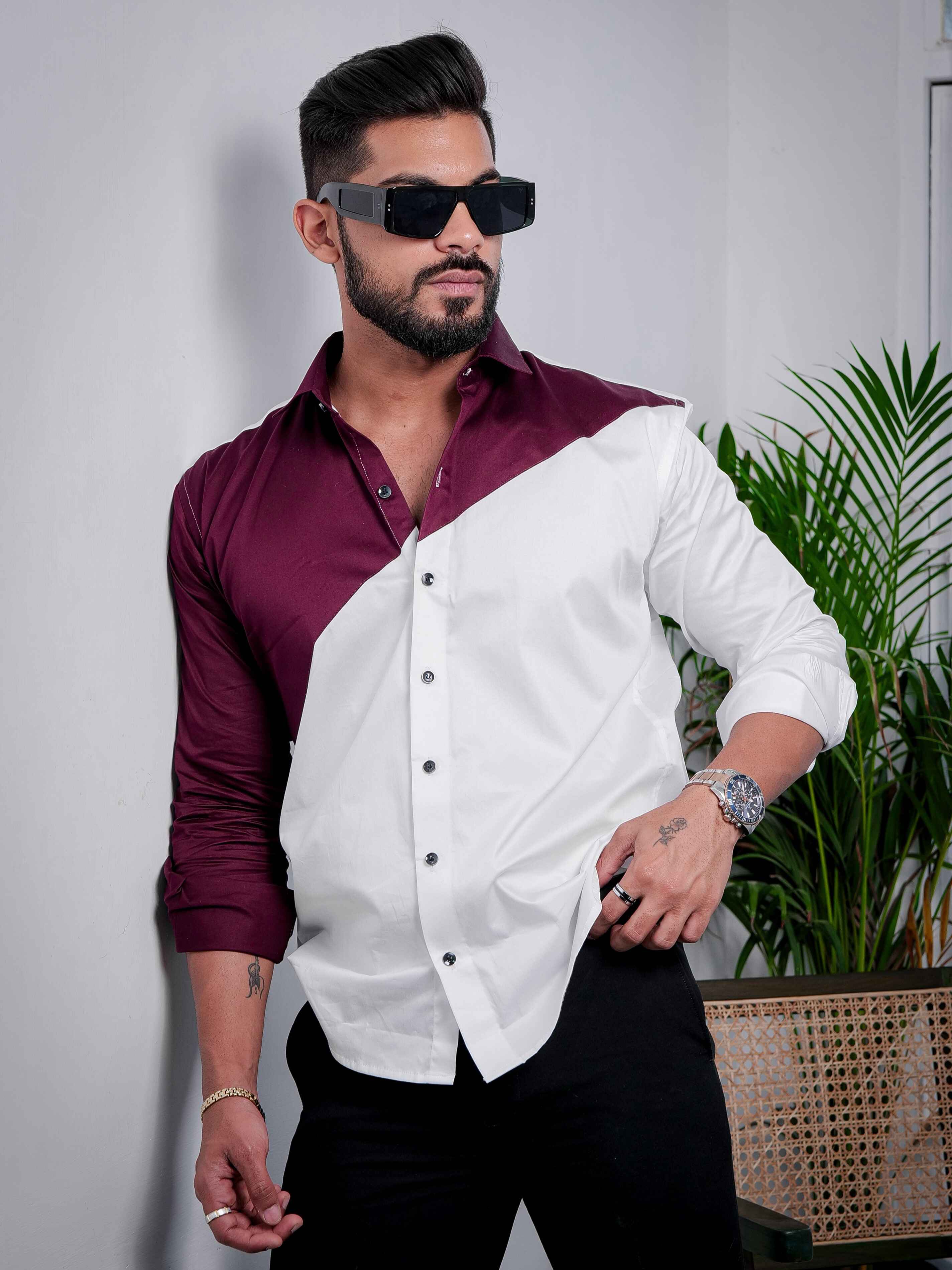 White And Maroon Designer Satin Cotton Shirt - Image 8
